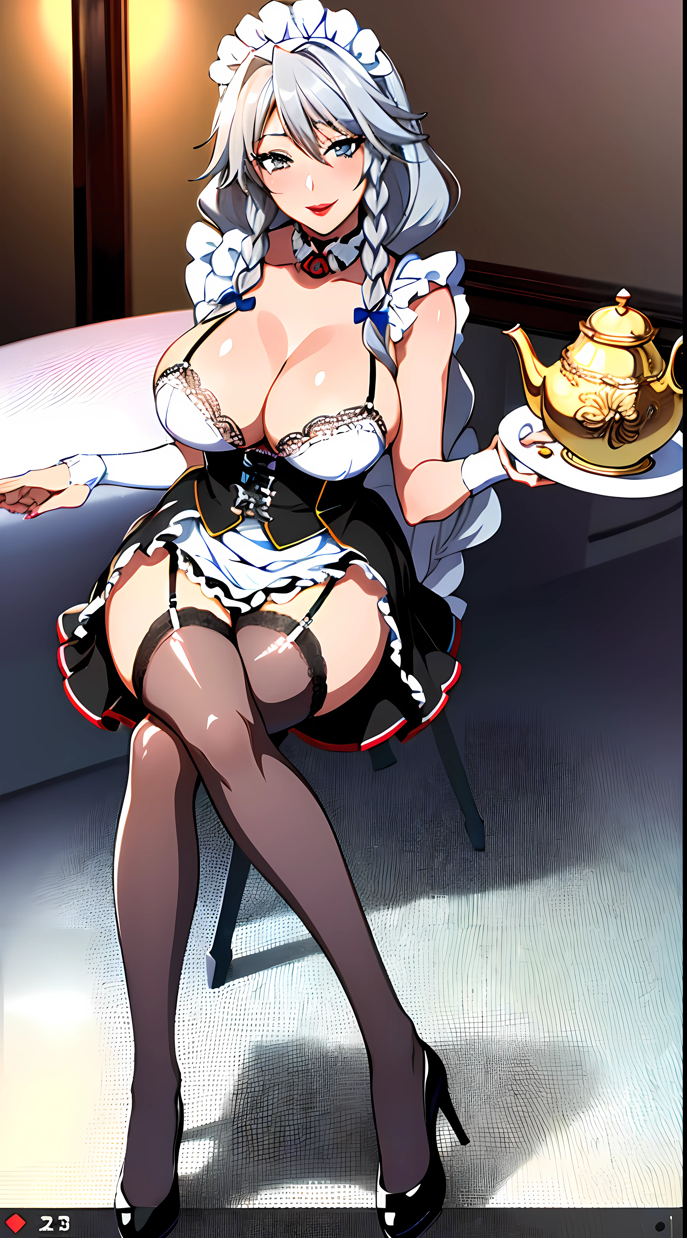 ((masterpiece)),((best quality)),ultra-detailed,illustratio,Grayfia Lucifuge,1girl,red lips,maid headdress, solo, braid, lipstick, grey eyes, grey hair, thighhighs, large breasts, makeup, breasts,twin braids, crossed legs, cup, garter straps, teapot, long hair, teacup, maid, sitting, apron, white thighhighs, looking at viewer, fishnet thighhighs, cleavage, fishnets, smile,wallpaper,ultra highres,4K,(Beautiful, large breasts:1.2),(beautiful face:1.2),(narrow waist),shiny skin,official style,anime screencap,(full body:1.2),anime coloring,mature female,