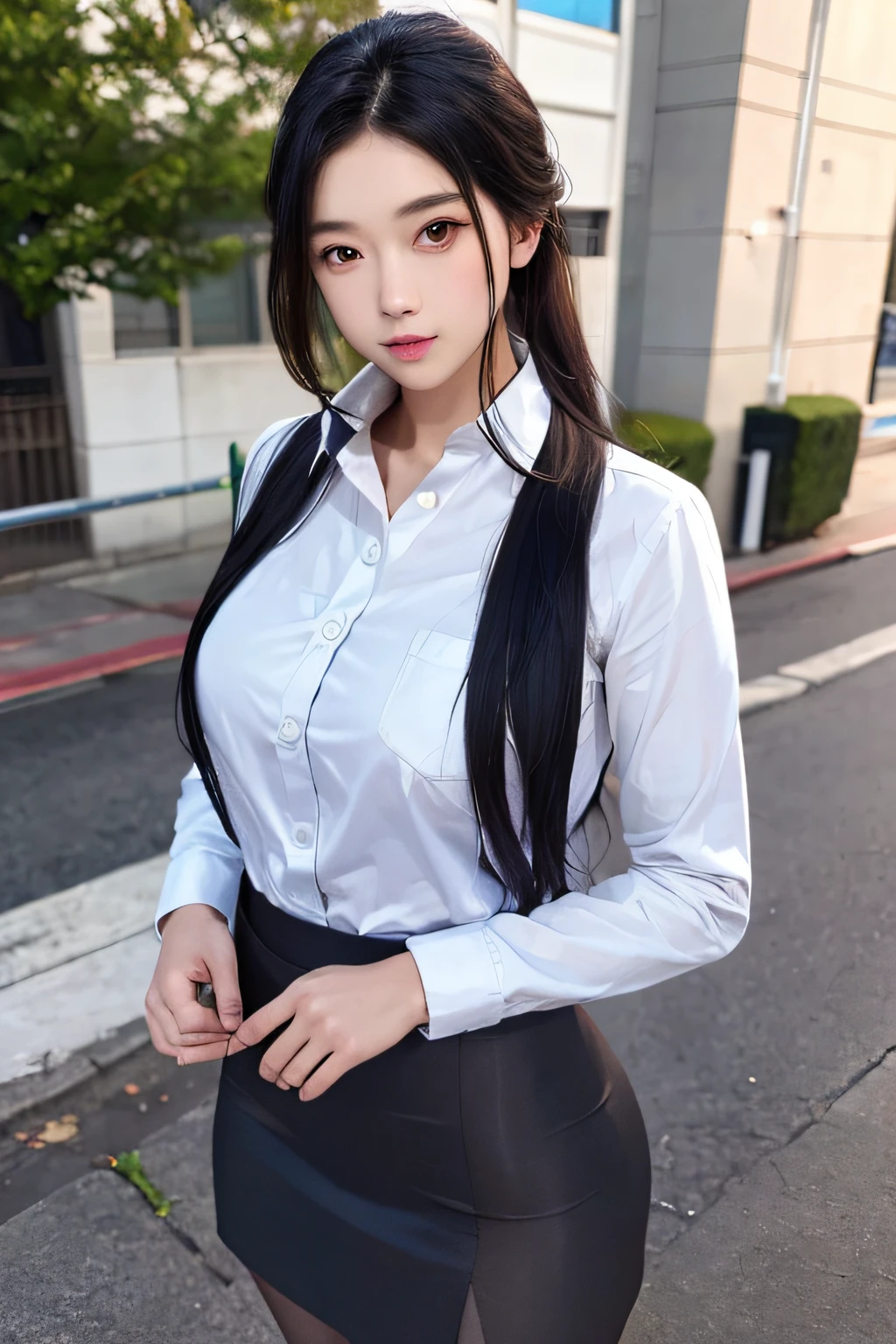 1girl, (8k, RAW photo, best quality, masterpiece:1.2), (realistic, photo-realistic:1.37), solo,ultra-detailed,pantyhose, long shot, beautiful background,,shirt,skirt, .