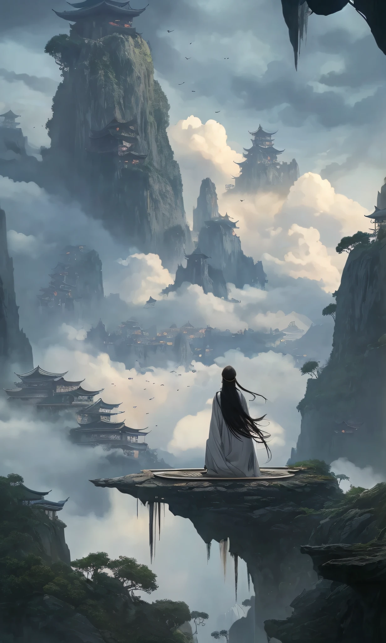 Alavid woman sitting on a raft in the mountains, ross tran. scenery background, Estilo de Raphael Lacoste, beautiful concept art, Chinese fantasy, floating lands in-clouds, by Yang J, author：Raphael Lacoste, beautiful anime scenes, ross tran and michael whelan, By Li Song, anime beautiful peace scene, inspired by Raphael Lacoste