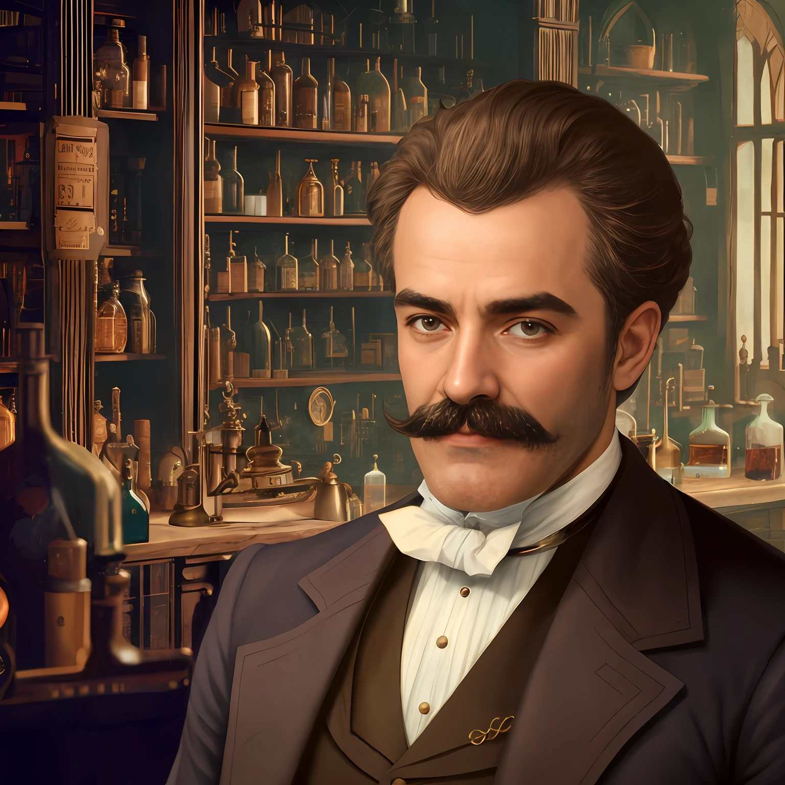 imagem de um homem com bigode e terno, he is in a alchemist lab, alchemist lab, Alquimistas vitorianos, cientista de elite, image apothecary, fantasy alchemist laboratory, inspirado em Jules Robert Auguste, inspirado em Fernand Toussaint, Mysterious Laboratory, in a steampunk laboratory, Close portrait, Fundo de Ferdinand Knab, alchemy laboratory