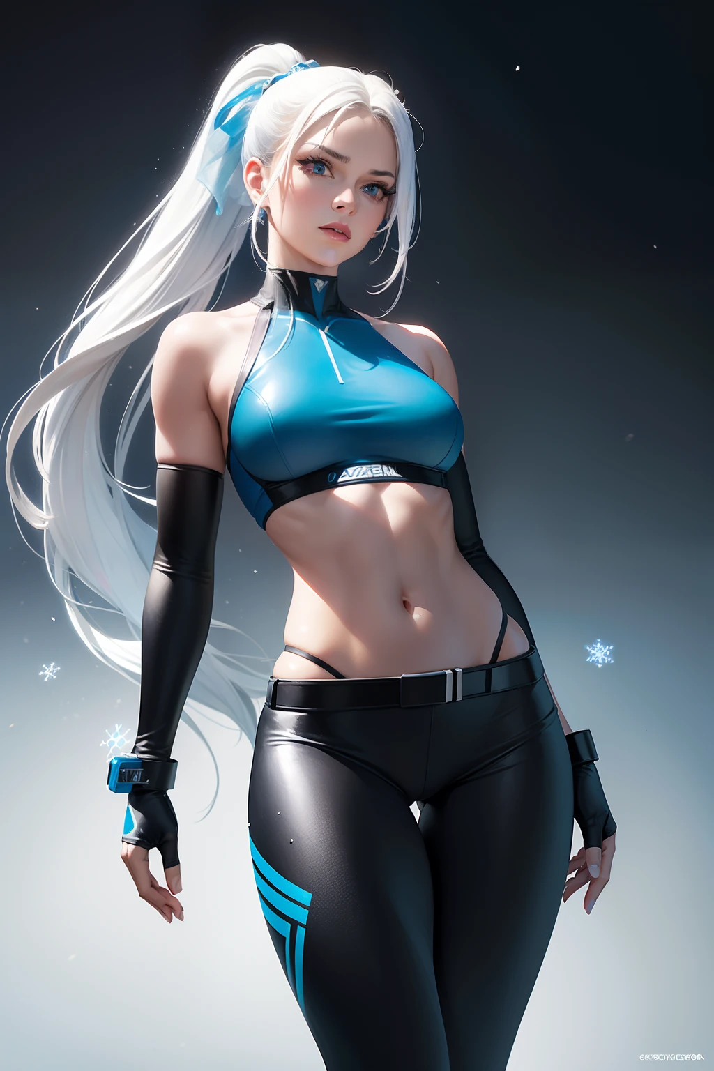 (Masterpiece, 4k resolution, ultra-realistic, very detailed) a superheroine, has ice powers, white hair ponytail, back midriff with blue outlines and a snowflake symbol on her right, has black gloves with fur on her the wrist part, wears black tight pants, with a blue belt, blue lines on the knee portrait photography by artgerm, in the style of realism, glistening skin, cartooncore, mangacore, natural lighting, Defined full lips. fitness feminine body