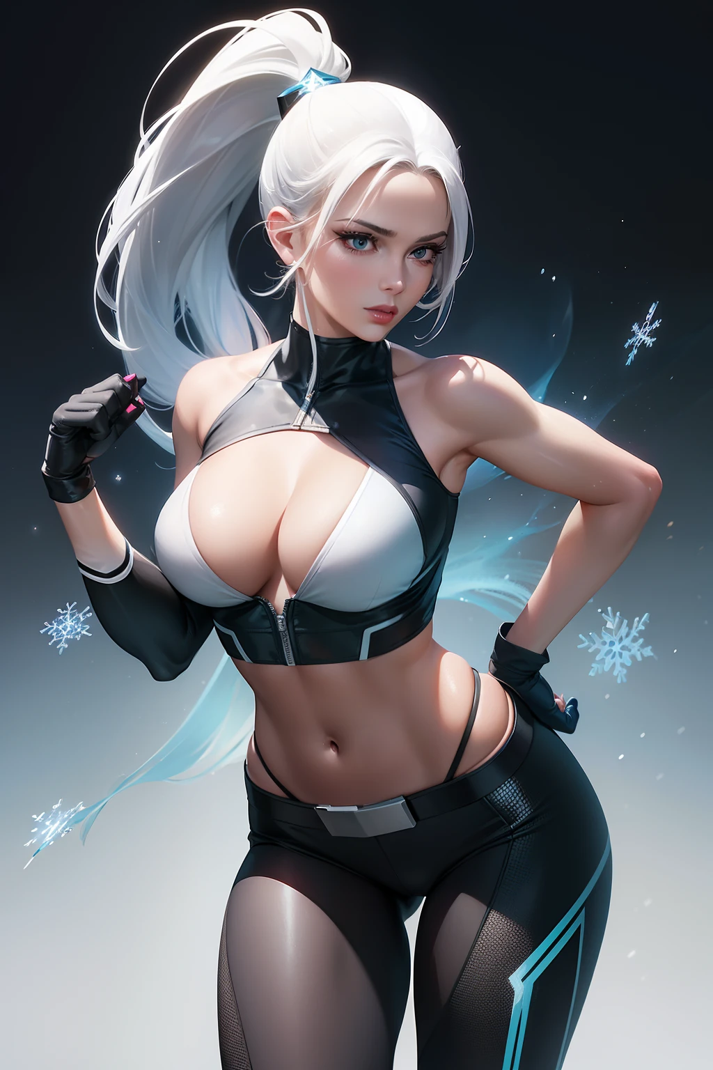 (Masterpiece, 4k resolution, ultra-realistic, very detailed) a superheroine, has ice powers, white hair ponytail, back midriff with blue outlines and a snowflake symbol on her right, has black gloves with fur on her the wrist part, wears black tight pants, with a blue belt, blue lines on the knee portrait photography by artgerm, in the style of realism, glistening skin, cartooncore, mangacore, natural lighting, Defined full lips. fitness feminine body