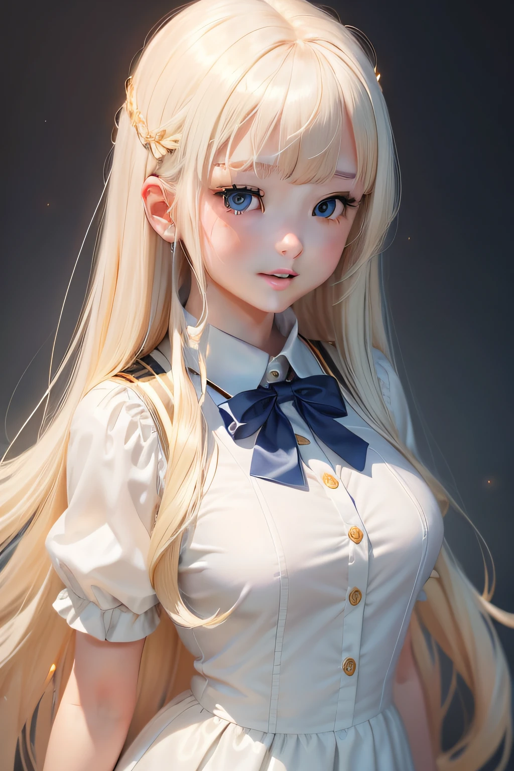 porate、School uniforms、bright expression、young and shiny white shiny skin、Best Looks、Gold reflects light、Platinum blonde hair,Shine brightly、Shiny light hair,、Super long silky straight hair、Beautiful bangs that shine、Big blue eyes that sparkle like crystal clear and charming、Very nice and lovely girl、Lush bust、