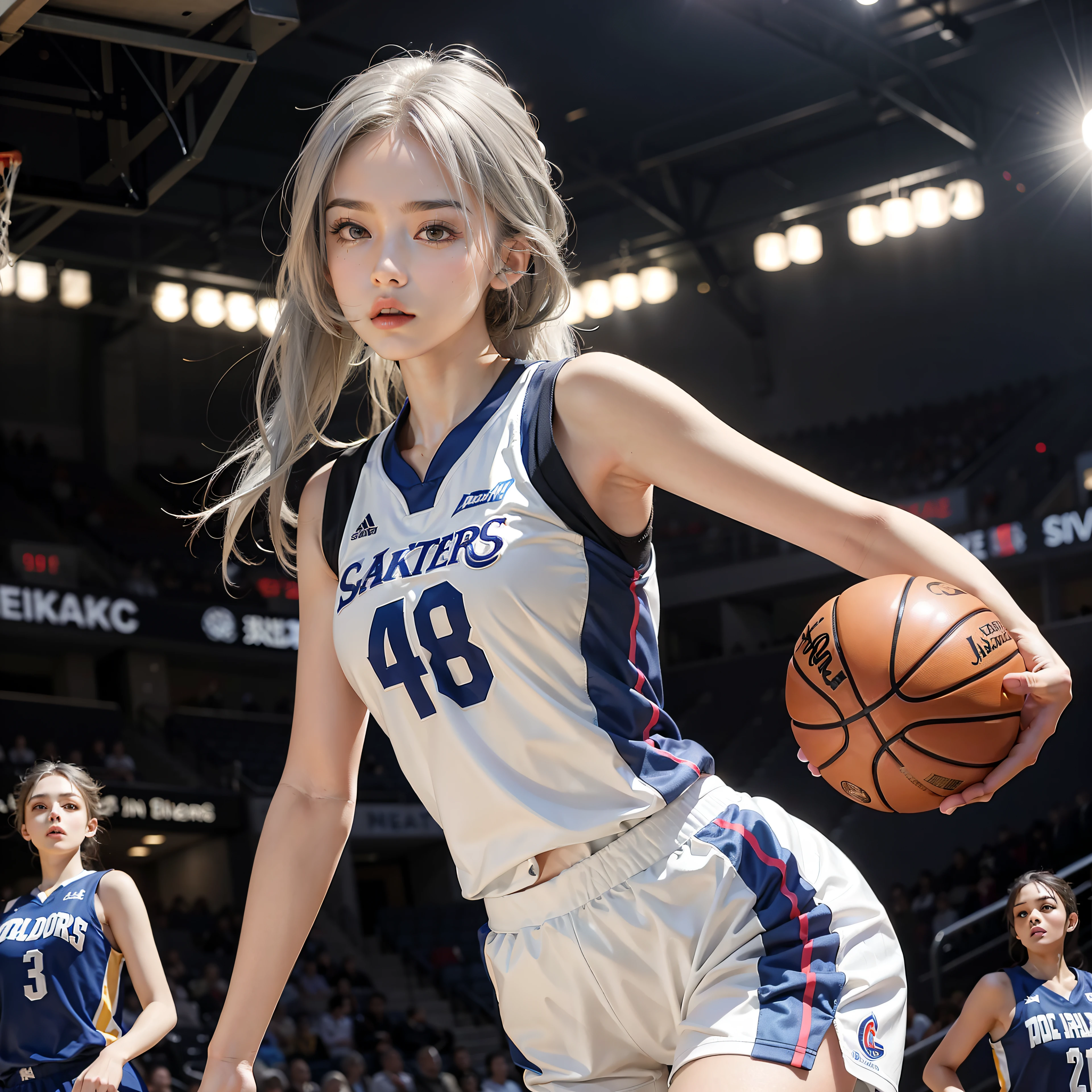 masterpiece,a realistic beautiful girl basketballwear,silver hair,Madison square centre