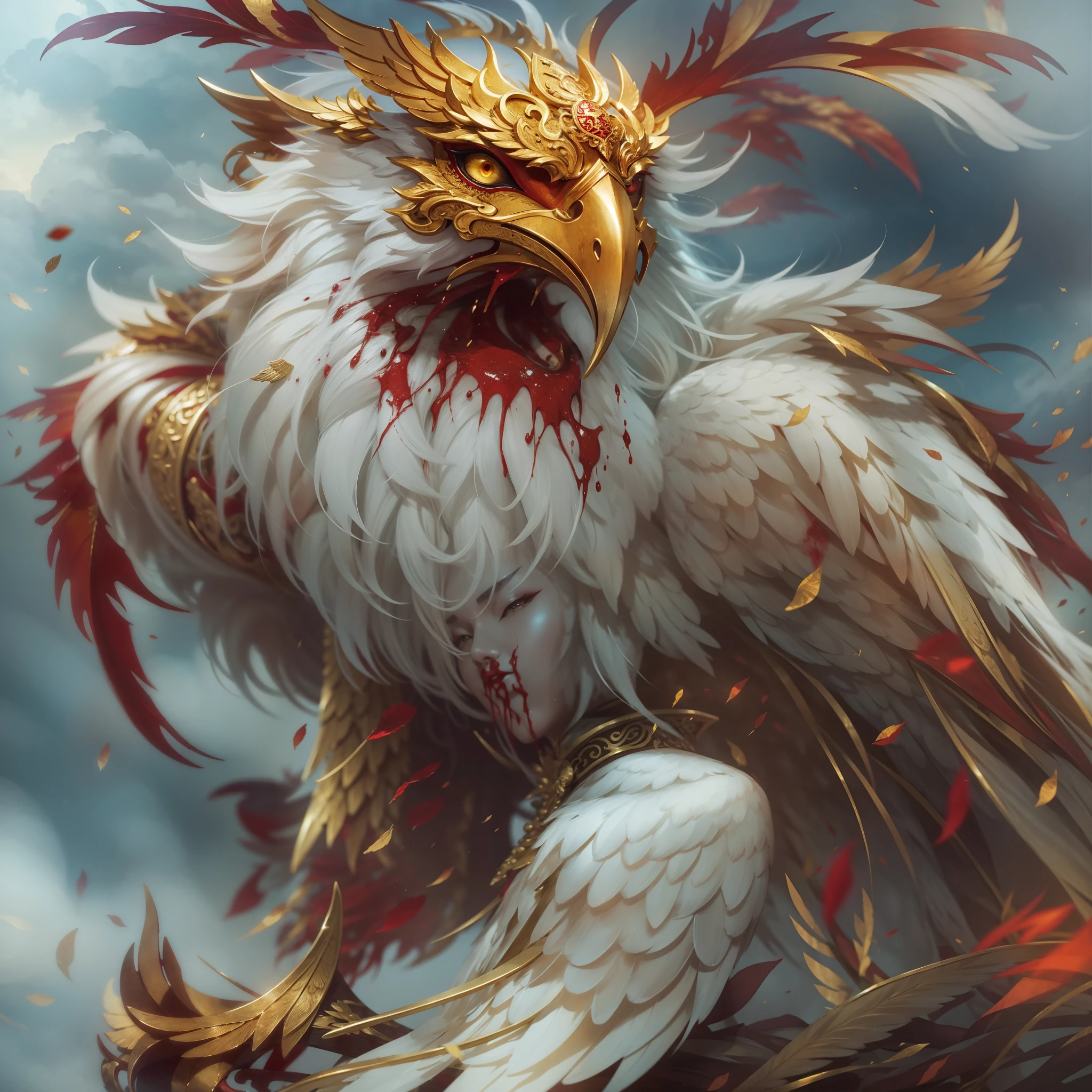 Chinese mythology and stories,Journey,King of Golden-winged eagles,A half body,closeup cleavage,Open your mouth,tosen,Fierce eyes,Blood,A mouth full of blood,Dripping blood,Puffing,massive wings,Thick feathers,feater,Super close,Sharp focus,best qualtiy,8K分辨率,tmasterpiece,Works of masters,