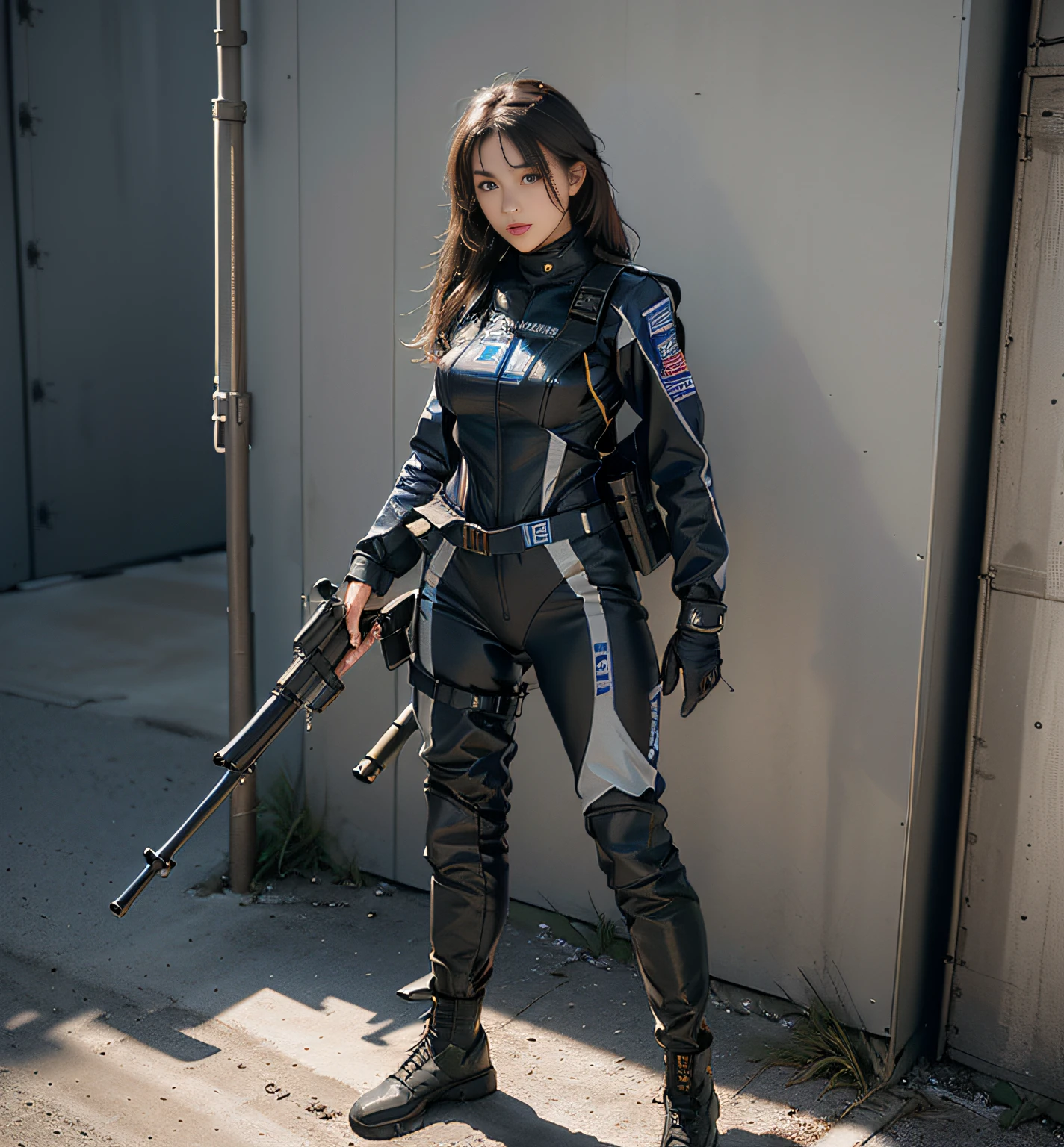 Highest image quality, outstanding details, ultra-high resolution, (realism: 1.4), ((full body:0.5, looking at front)), highly condensed 1girl in combat action, with beautiful and a delicate face, ((shooting a machinegun)), (wearing racing suit likes police uniform, military harness), holding a machinegun, background simple grey wall,