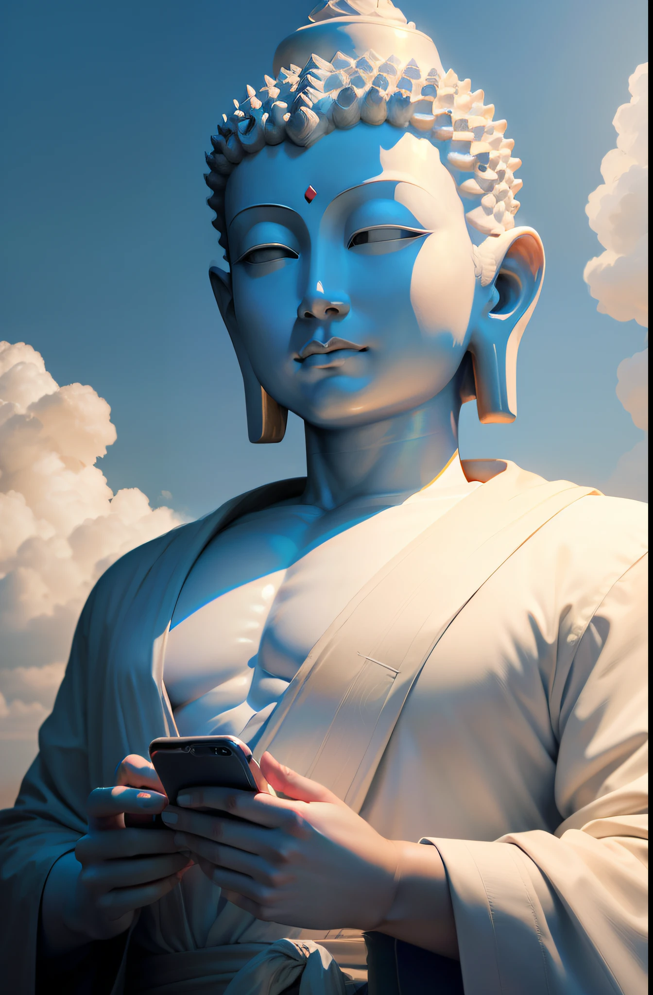 Against the background of blank clouds in the sky,Close-up of a human statue, a Buddhist Buddha, Buddhism, Buddha, Buddhist, Beautiful image, samsara, personal profile picture, Zen, enlightening, 4 0 9 6, buddhist art, dharma artifacts, Avatar image, attractive male deity, Zen meditation, playing with mobile phone,The phone is the iPhone,Peaceful, leaked image, Facial fullness, peaceful expression,Realphotos,8K quality,hyper HD,Background early morning sun,with blue sky and white clouds,Live-action effect
