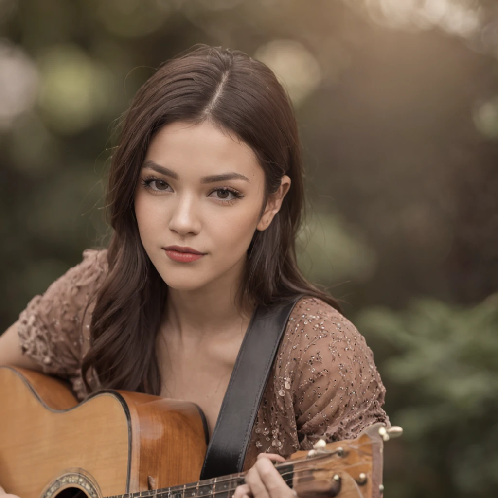 A short rock female singer,Playing guitar at concert,Singing