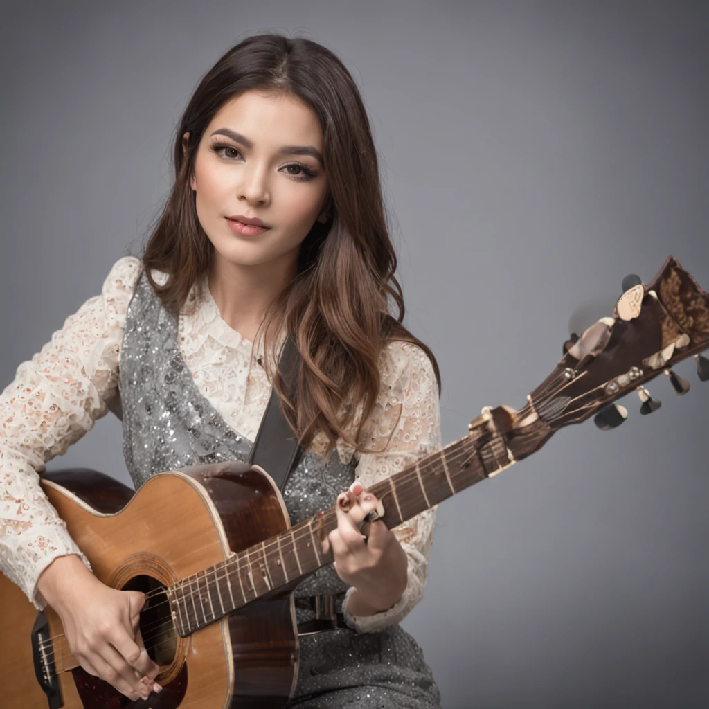 A short rock female singer,Playing guitar at concert,Singing
