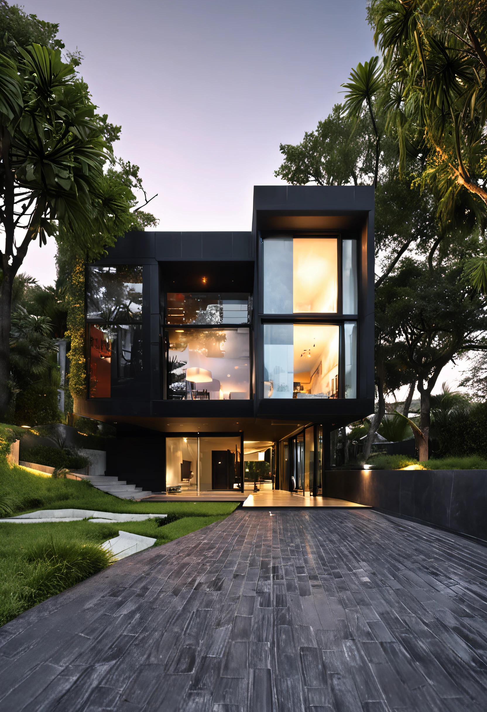 Modern black house design, green garden around the house, black front road, modern architecture, whole glass, sunshine, seaside