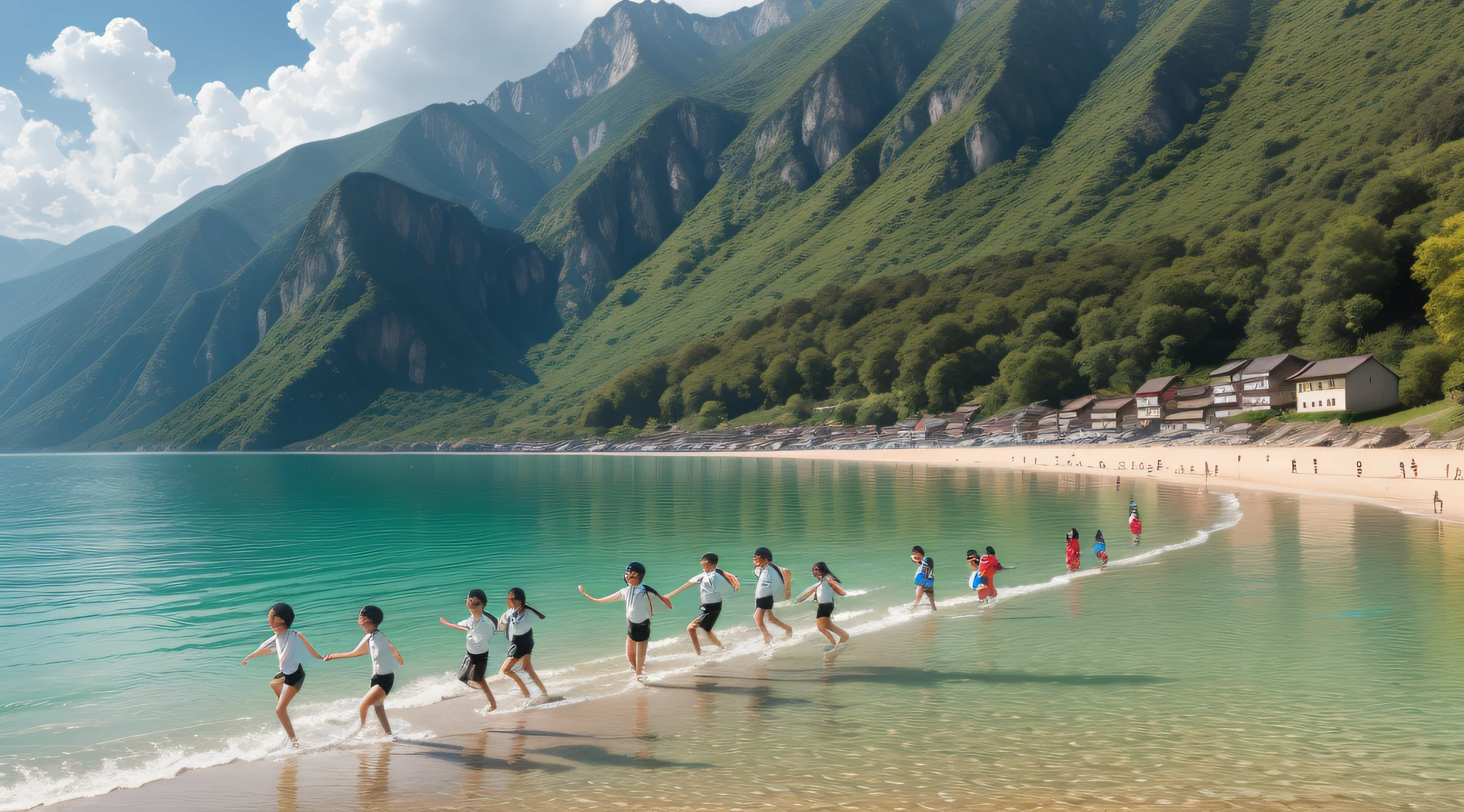 ren on the shore，having fun，mountain water，rios，Bright style