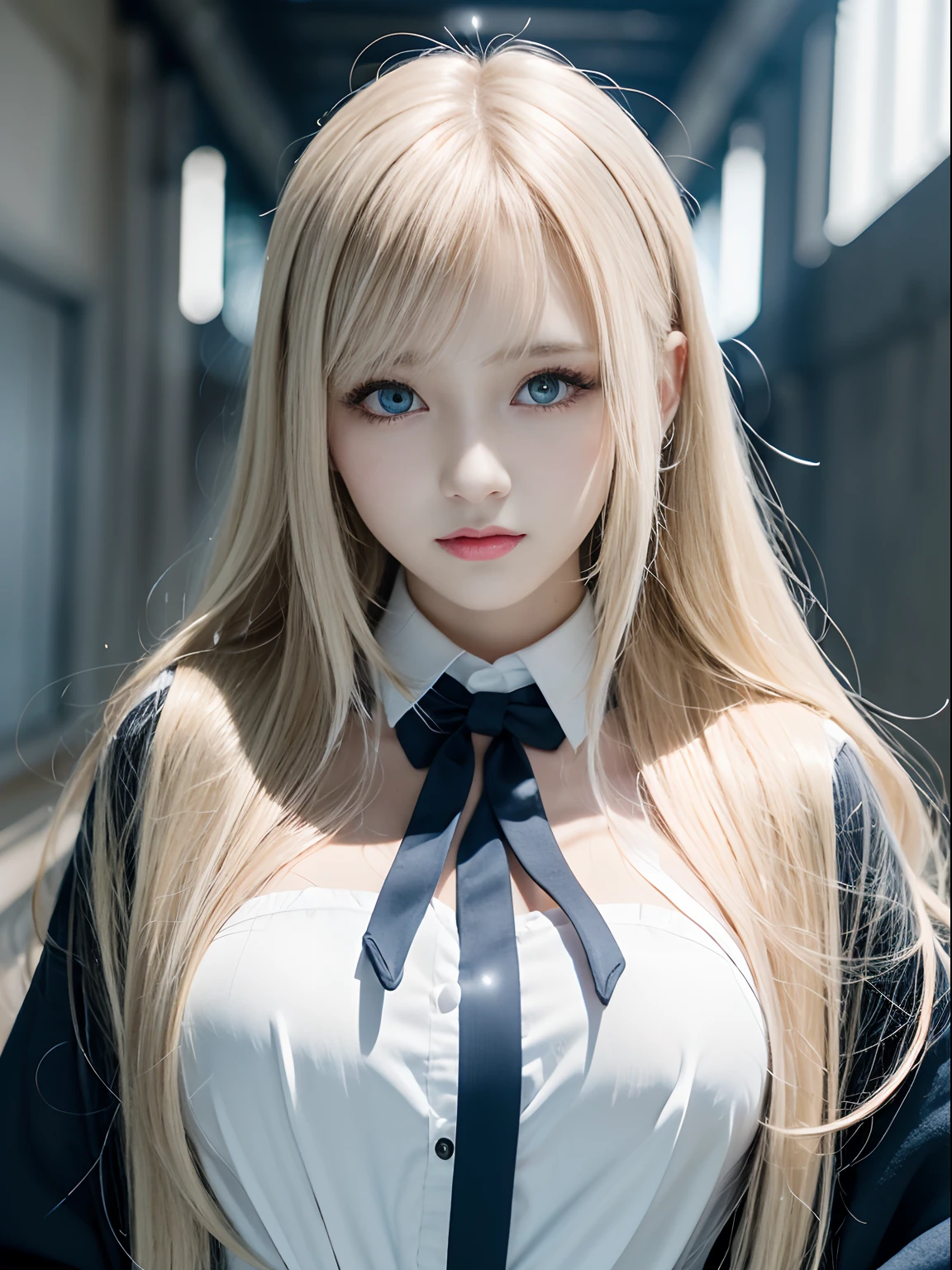 portlate、School Uniforms、bright expression、Young shiny shiny white shiny skin、Best Looks、Blonde reflected light、Platinum blonde hair with dazzling highlights、shiny light hair,、Super long silky straight hair、Beautiful bangs that shine、Glowing crystal clear attractive big blue eyes、Very beautiful nice cute 16 year old girl、Lush bust、