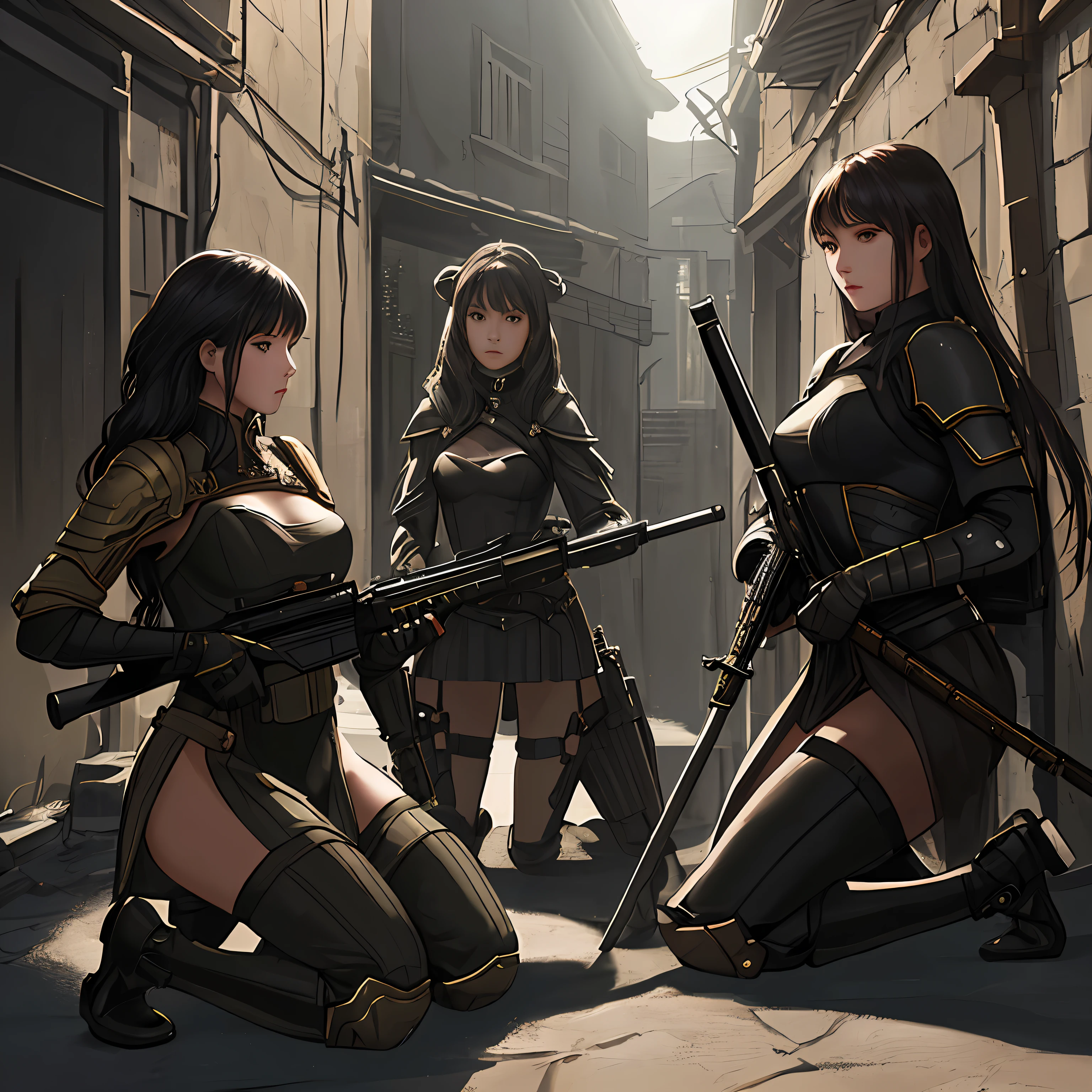 3 beautiful ladies in really sexy sheer outfit, 1 girl armed with a sword, 1 girl armed with a rifle and sitting down, 1 girl armed with a bazooka kneeling down, backdrop is an alley, dark lighting, focus lighting on each girl, hyper-detailed, hyperrealistic, masterpiece, focus 1.4