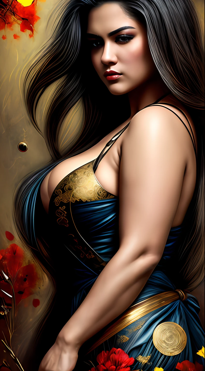 Hyperrealism detailed bio-fi genetic geisha transcendence belle Navigator, curvy, thick, voluptuous, busty, WDR, apical kimono fashion, perfect face shading, aesthetics, light vanta black copper coating, blazing gold gloss, connecting glowing flowing hair, QR-Code Glyphs, radio active prismatic molecules, soft impressionist brush strokes, subtle sublime color, canvas texture, tight crop, muted colors, portrait painting, action pose, fill the whole picture, rich hyper details, vivid global light, 3D pristine 8K sleek, perfect inventor composition, realistic impressive shadow shading, WLOP, professional ominous concept art, an intricate, elegant, highly detailed digital painting, concept art, smooth, sharp focus, illustration, in the style of Jackson Pollock