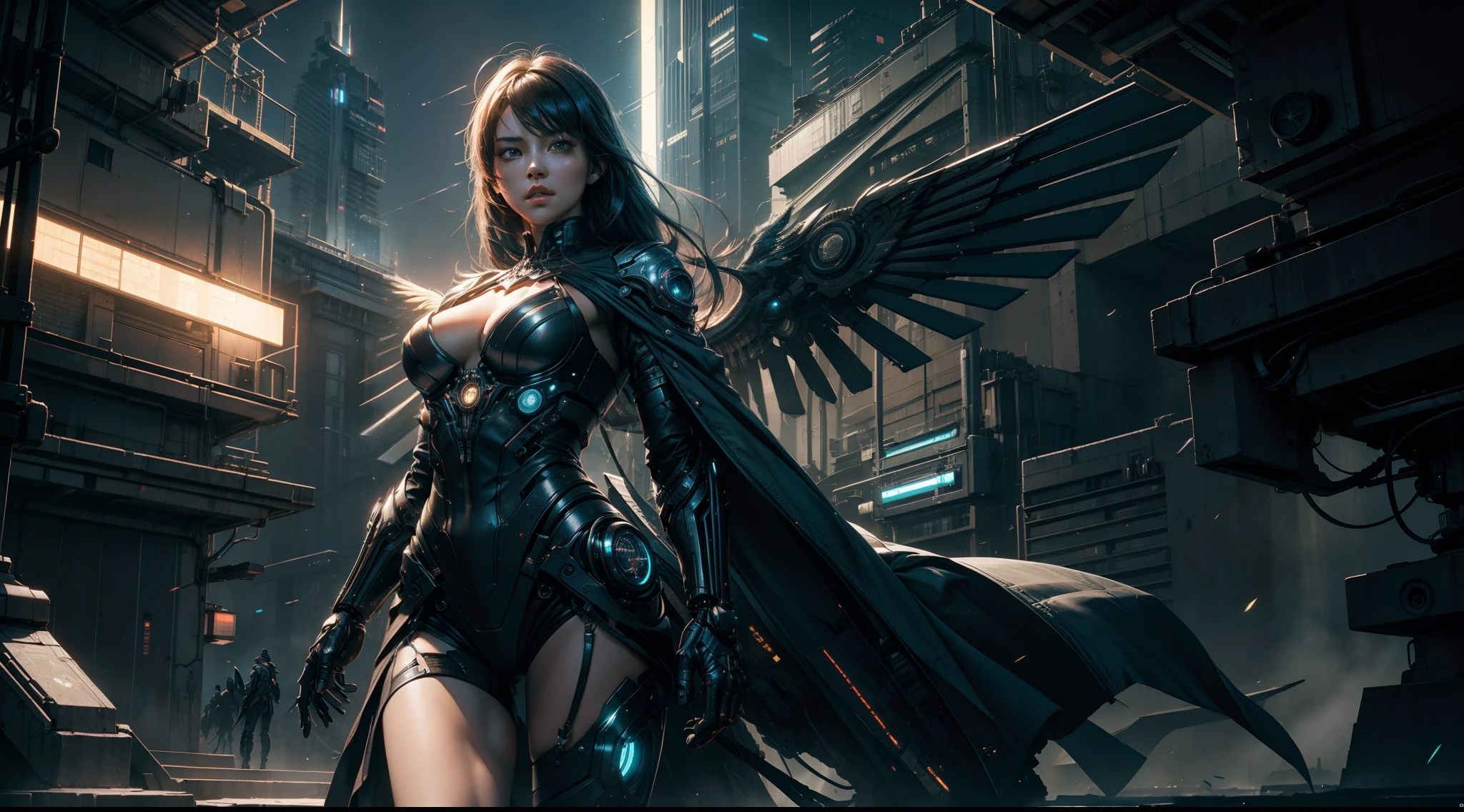 ((best qualtiy)), ((tmasterpiece)), ((Realistis)), (A detailed), (realisticlying:1.5),illusory engine, (High detail: 1.9),(femele:1.4),(big breasts beautiful: 1.4),(carismatic:1.3), (Large breasts), beuaty girl,elaborate robes,beauitful face, looking at viewert, dynamicposes, (((Mechanical wings))),The background is the city of the future,the night,hdr, Ray traching, NVIDIA RTX, Hyper-Resolution, Unreal 5, sub surface scattering, PBR textures, Post-processing, Anisotropic filtering, depth of fields, Maximum clarity and sharpness, trichotomy,8K original,(Luminous Particle:1.4),(VerydetailedCG,Unity 8k壁纸,cinmatic lighting,lens flare glow),Reflectors,Sharp focus,cyber punk style