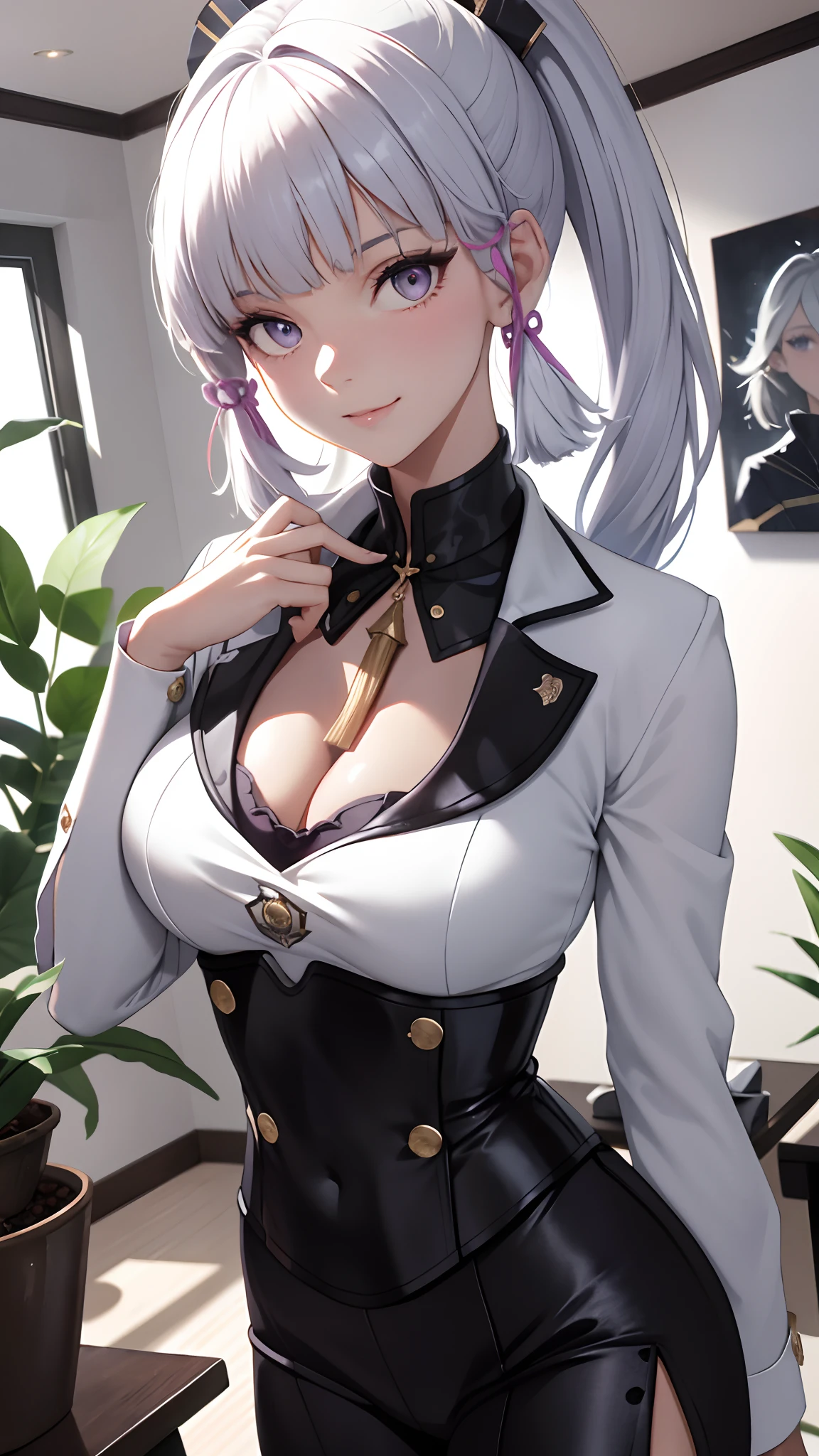 tmasterpiece,best qualtiy,white color hair,Purple eye,sportrait,realisticlying,The shirt,Suits,Workwear,office room,Greenery,Sideslit,Wallpapers,painting of a,Large breasts,cleavage,ssmile,looks into camera,Blackn clothes。perfect bodies,Close-up shot,cleavage