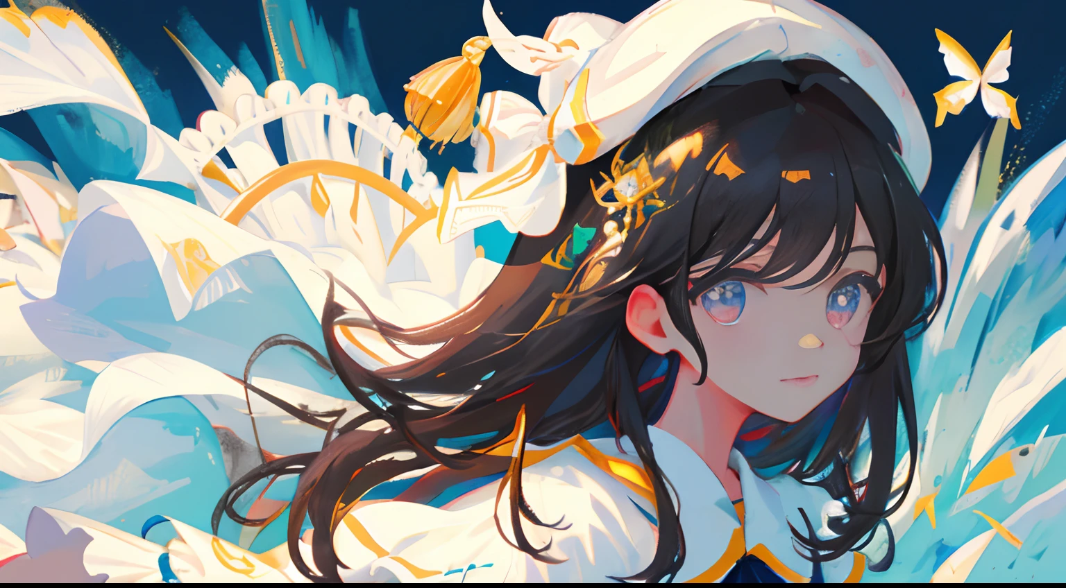 Masterpiece, Best quality, Ultra-detailed, illustration, Close-up, straight on, Face focus, 1girll, Dark hair, Cheerful expression, view the viewer,, White clothes, nipple tassels