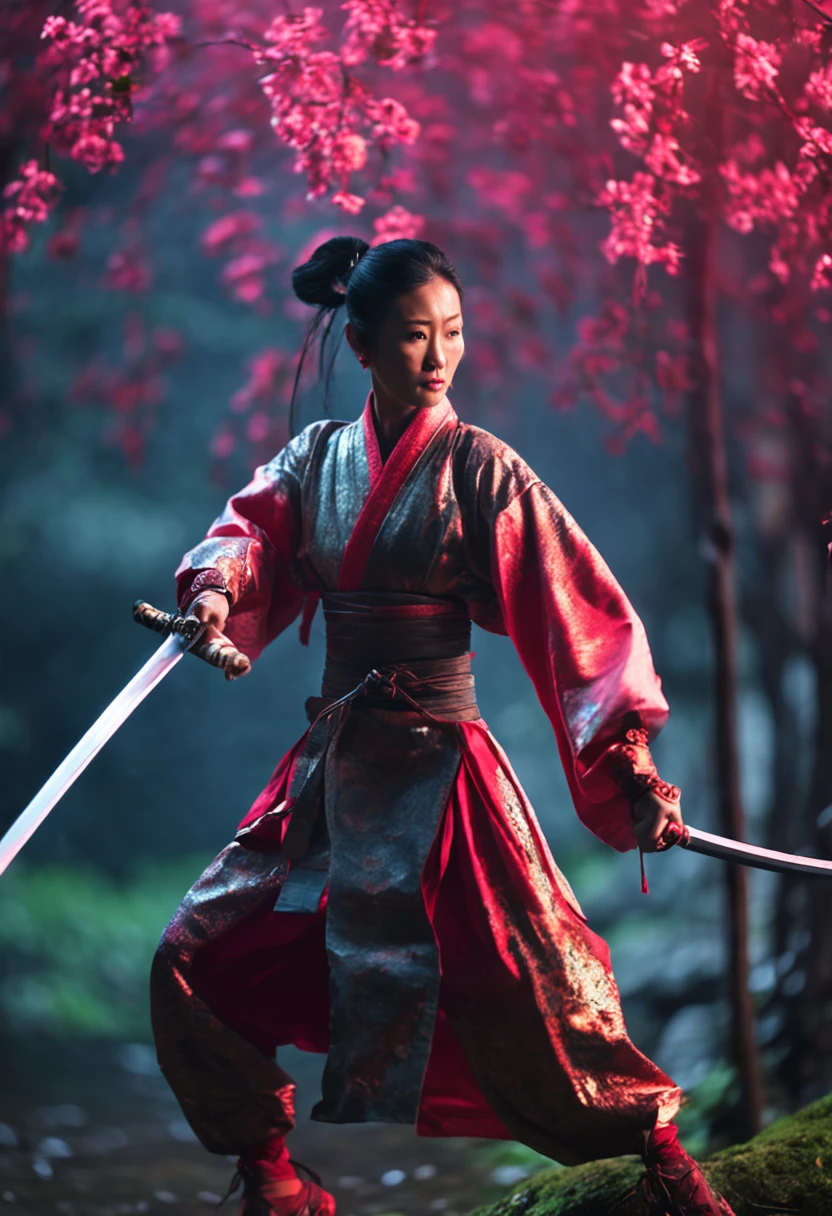 1 Chinese female swordsman,Dancing swords in a bamboo forest in the rain