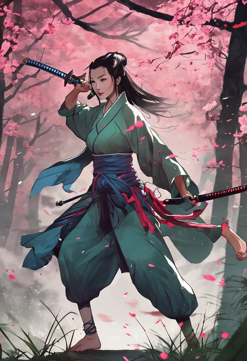 1 Chinese female swordsman,Dancing swords in a bamboo forest in the rain
