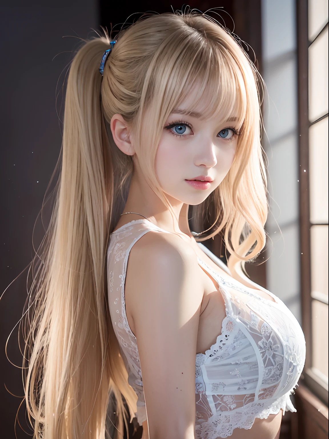 portlate、School Uniforms、bright expression、poneyTail、Young shiny shiny white shiny skin、Best Looks、Blonde reflected light、Platinum blonde hair with dazzling highlights、shiny light hair,、Super long silky straight hair、Beautiful bangs that shine、Glowing crystal clear attractive big blue eyes、Very beautiful nice cute 16 year old girl、Lush bust