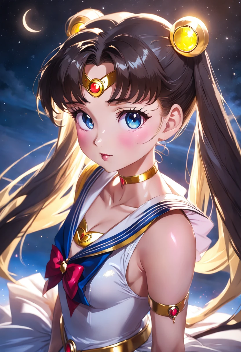 Sailor Moon, Realistic, 1girl in, (magical little girl:1.4), Long dark brown hair, (Gold Opal Eyes), (crystalline, Sparkling bokeh), (Gothic:1.4)Style Sailor Scout Uniform, (Big breasts:1.25), cleavage, wide hips, Small waist, skin tanned, 鎖骨, Parted lips, makeup, blush, Shiny skin, Night, reflection, fullmoon, Moonlight, Rose