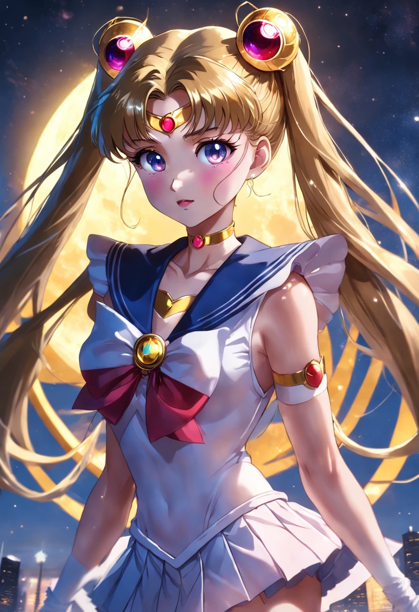 sailor moon, realistic, 1girl, (magical girl:1.4), long dark brown hair, (gold opal eyes), (crystals, shimmer bokeh), (gothic:1.4)style sailor scout uniform, (big breasts:1.25), cleavage, wide hips, small waist, tan skin, collarbone, parted lips, makeup, blush, shiny skin, night, reflection, full moon, moonlight, rose