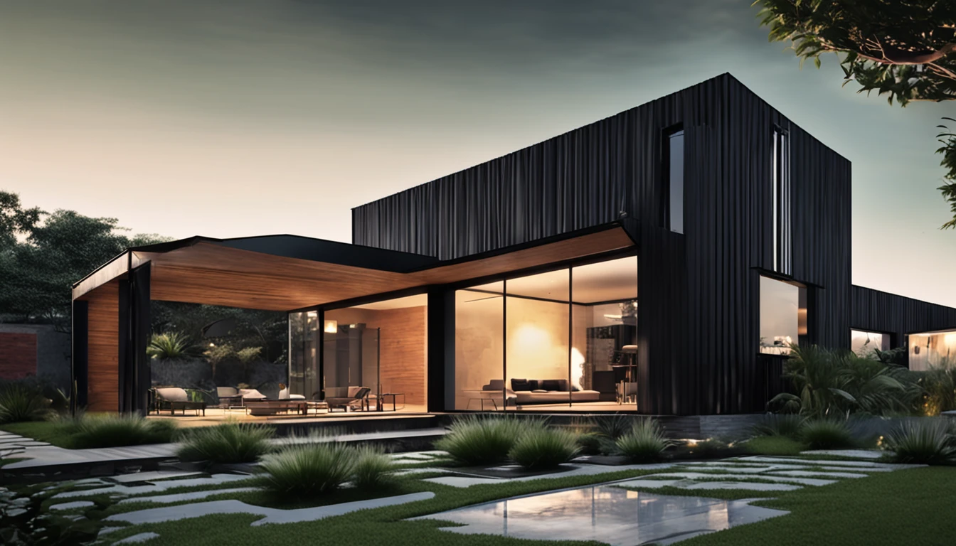 Modern black house design, green garden around the house, black front road, modern architecture, whole glass, sunshine, seaside