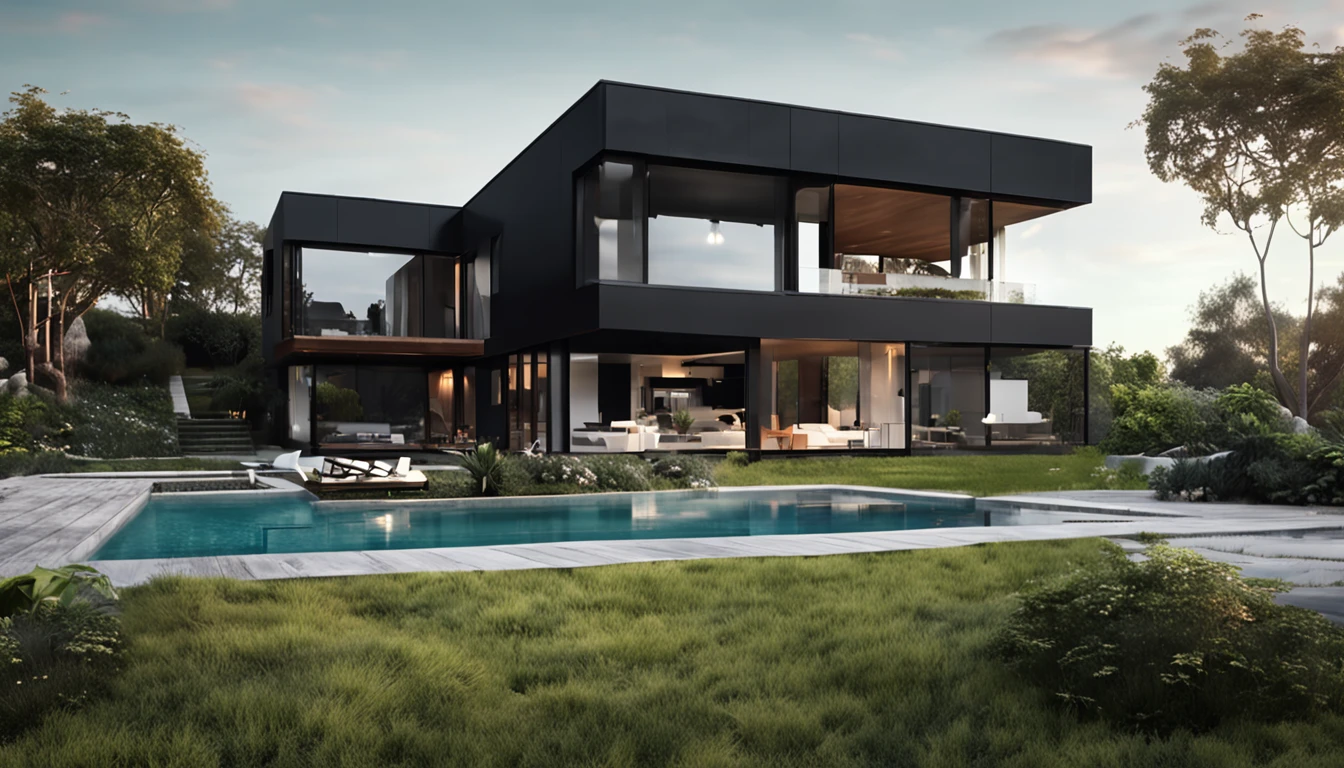 Modern black house design, green garden around the house, black front road, modern architecture, whole glass, sunshine, seaside