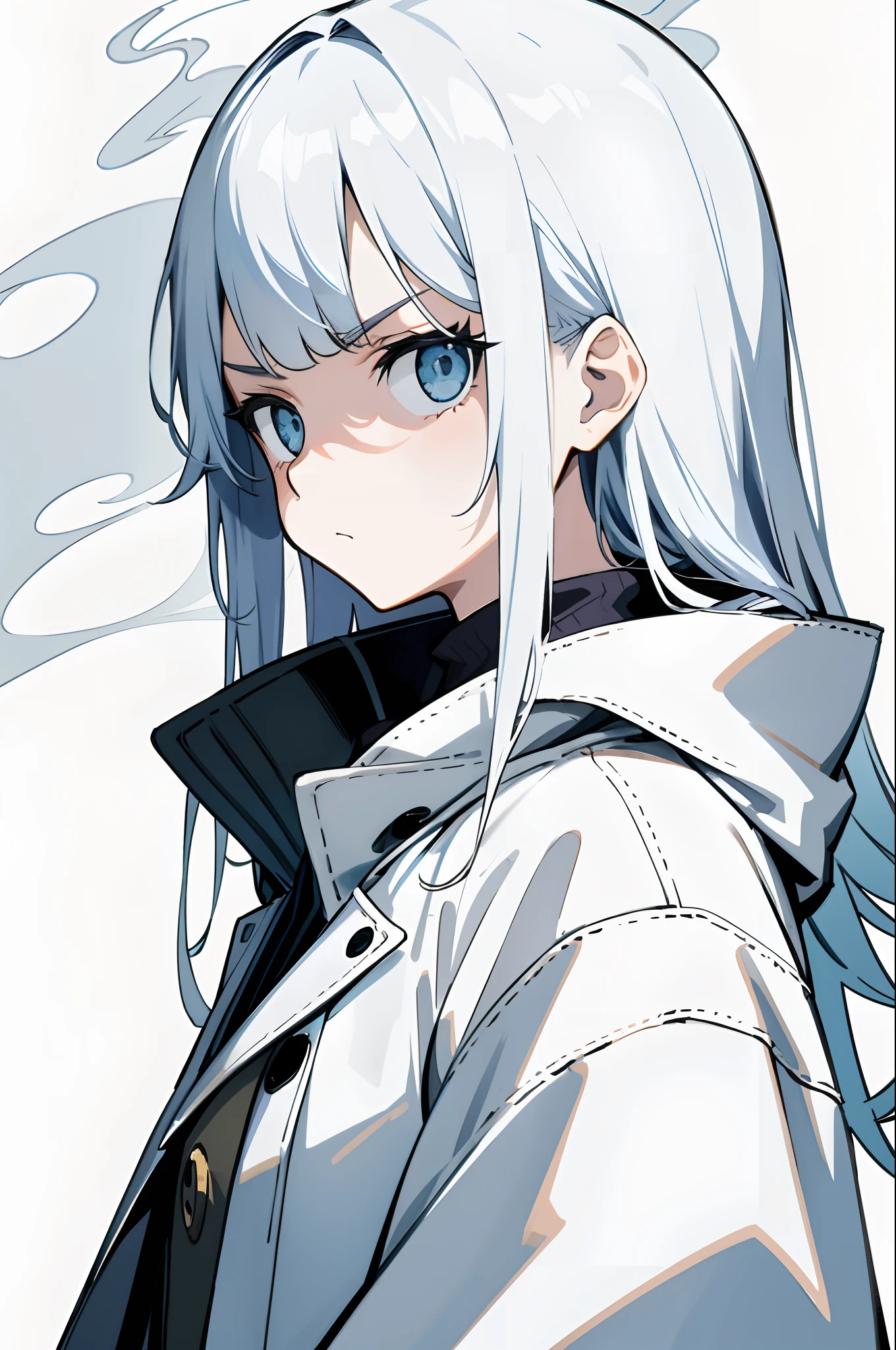 is in night,1girll,White color hair,long whitr hair,blue color eyes,(Carefully portray the face),Height 166cm,high school senior,adolable,White trench coat,Glazed eyes,With a collar,It has a lot of chains behind it,The expression is calm,Eyes resolute,Poignant,(Carefully depict the action),(Carefully portray clothes),(Carefully depict the expressions),Day Man Girl,tmasterpiece,8k wallpaper,Ambient light,Poor milk,