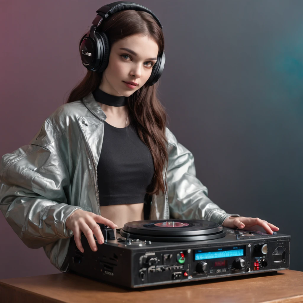 A young female DJ wears a vinyl record player on a sci-fi DJ table，（The upper part of the body：1.5）, Look at the crowd，Cybernetics enhances the highly detailed futurists on the stage table，She wears futuristic clothing and double-sided hearing headphones，She wears a Rosotto hat on her head，Laugh excitedly，dynamic viewing angle，