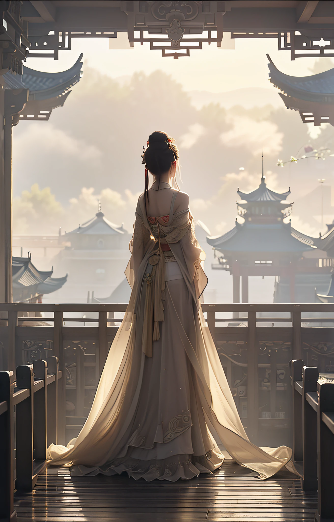 On the bridge stood a woman in a long dress, Palace ， A girl in Hanfu, Beautiful rendering of the Tang Dynasty, Guviz-style artwork, a beautiful fantasy empress, Rosla global lighting, beautiful concept art, trending on cgstation, ross tran. scenery background, Princesa chinesa antiga, ross tran and wlop