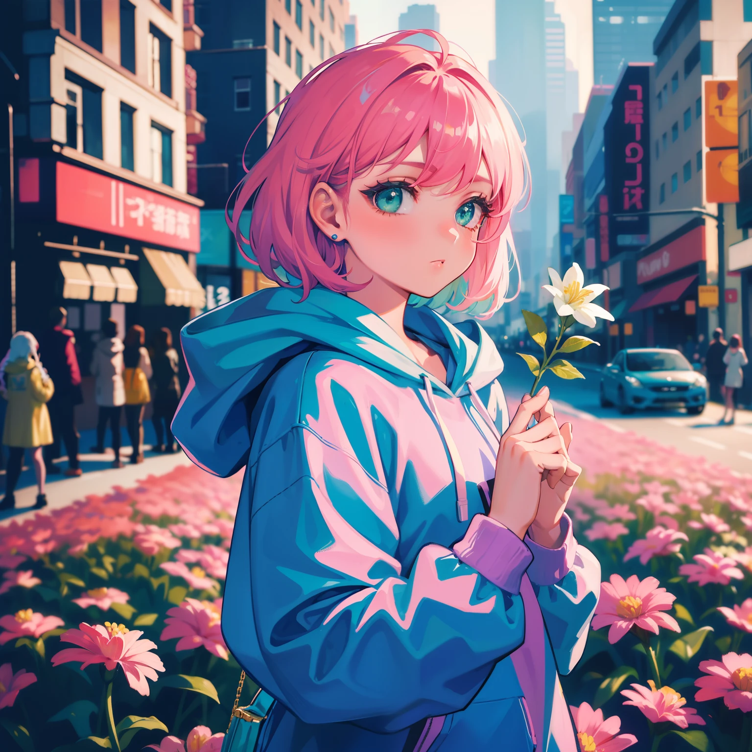 There was a woman looking at the audience with a mobile phone and flowers in her hand, an album cover inspired by Elsa Bleda, Instagram, Realism, wearing a hoodie and flowers, lofi girl aesthetic, With flowers, green and pink, y 2 k aesthetic, y2k aesthetic, Green hood, flowerpunk, retro aesthetic, pink and green, Aesthetic!!!!!!!!!!, Spring vibes
