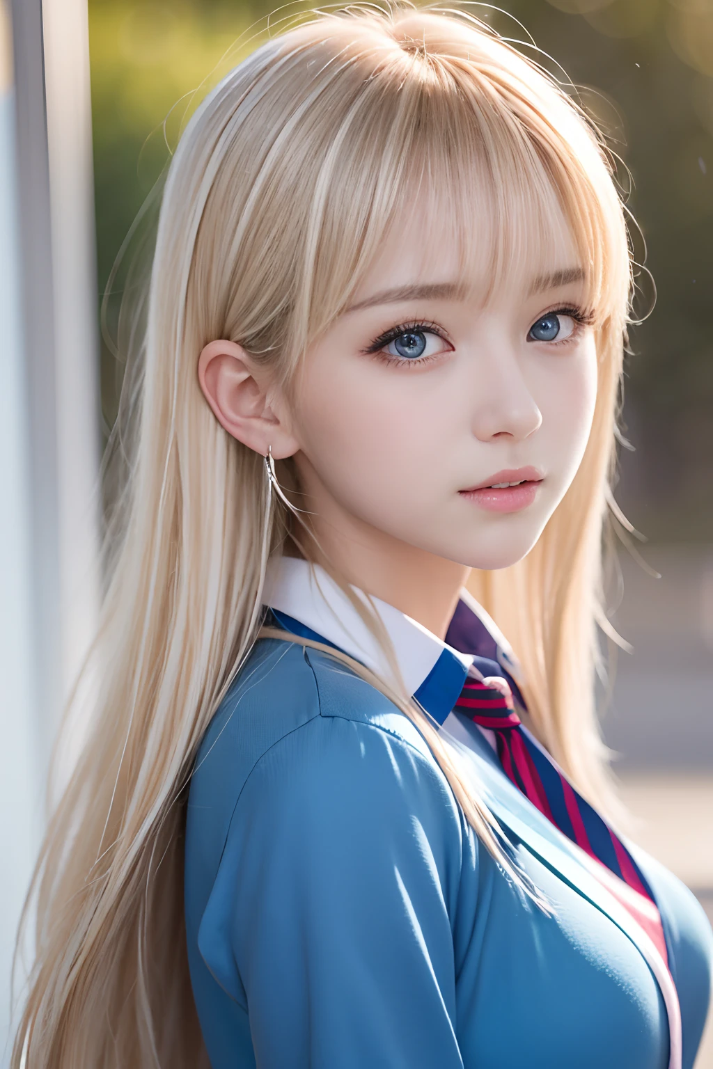 portlate、School Uniforms、bright expression、poneyTail、Young shiny shiny white shiny skin、Best Looks、Blonde reflected light、Platinum blonde hair with dazzling highlights、shiny light hair,、Super long silky straight hair、Beautiful bangs that shine、Glowing crystal clear attractive big blue eyes、Very beautiful nice cute girl、Lush bust