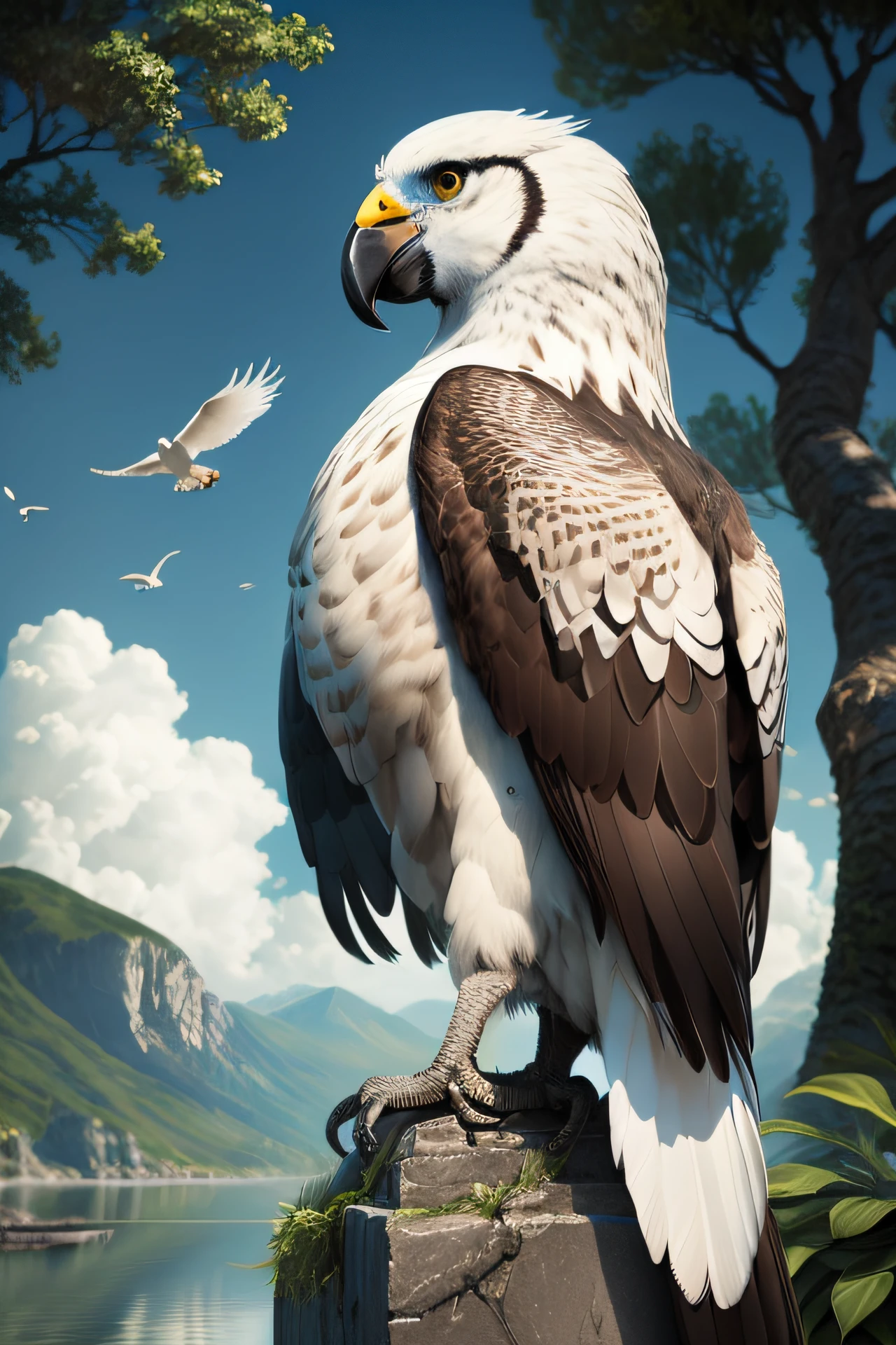 There is a bird that is sitting on a pole by the water,dibujo en BLANCO Y NEGRO Arte digital 4K altamente detallado, Aves f CGsociety, Arte detallado de alta calidad 8K, Arte conceptual altamente realista, Arte 4K altamente detallado, Arte conceptual fotorrealista, Arte digital detallado 4K, con alas. Ultra detallado, 4 K arte altamente detallado, Pintura detallada 4 K