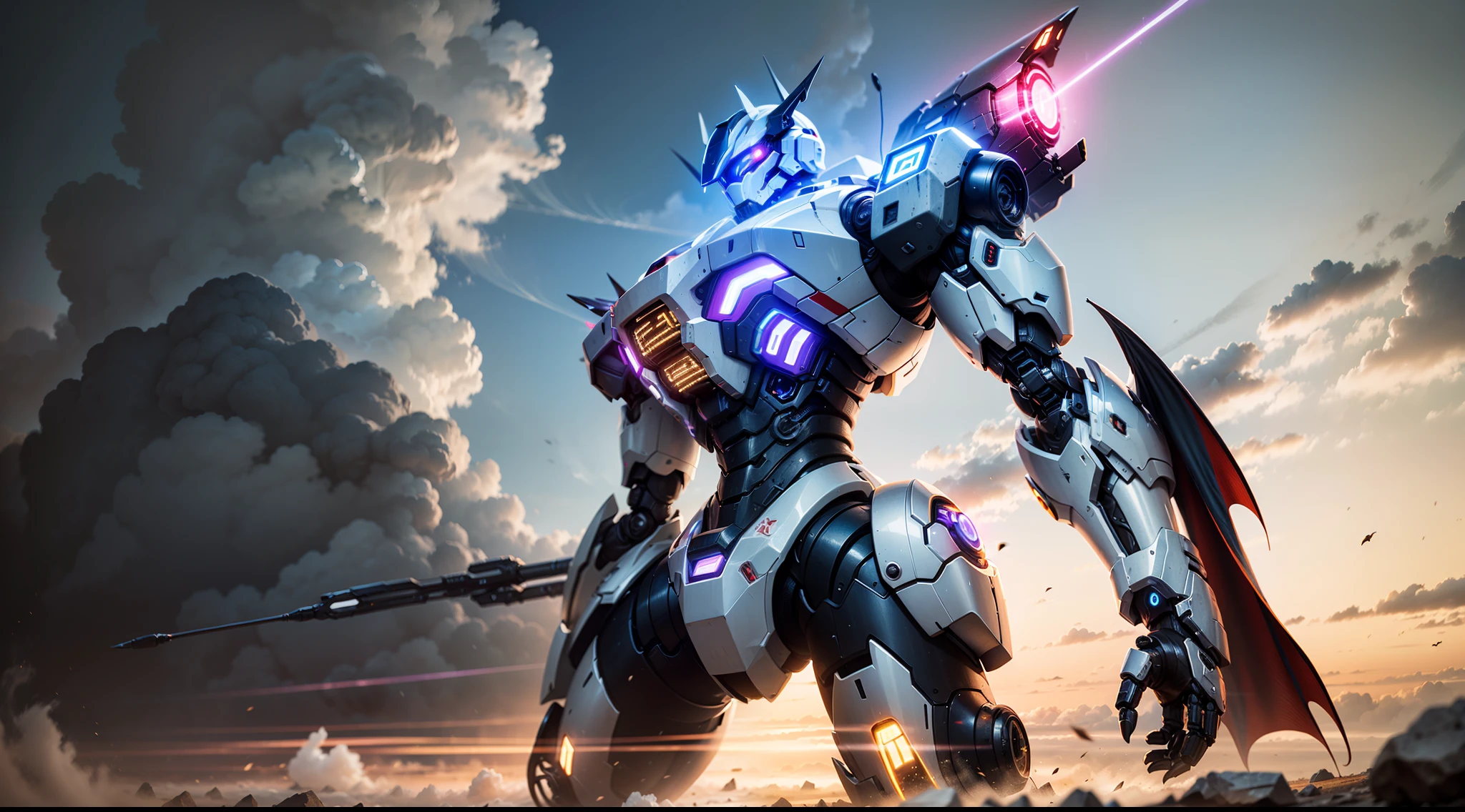 best qualtiy, tmasterpiece, 超高分辨率, (realisticlying:1.5),, RAW photogr, Located on clouds,Silver-purple color matching mech,Future tech mecha,Mecha 100 meters high,(Dragon Mech 1.5),glowing lines,Glow effects,panoramic photo,depth of fields