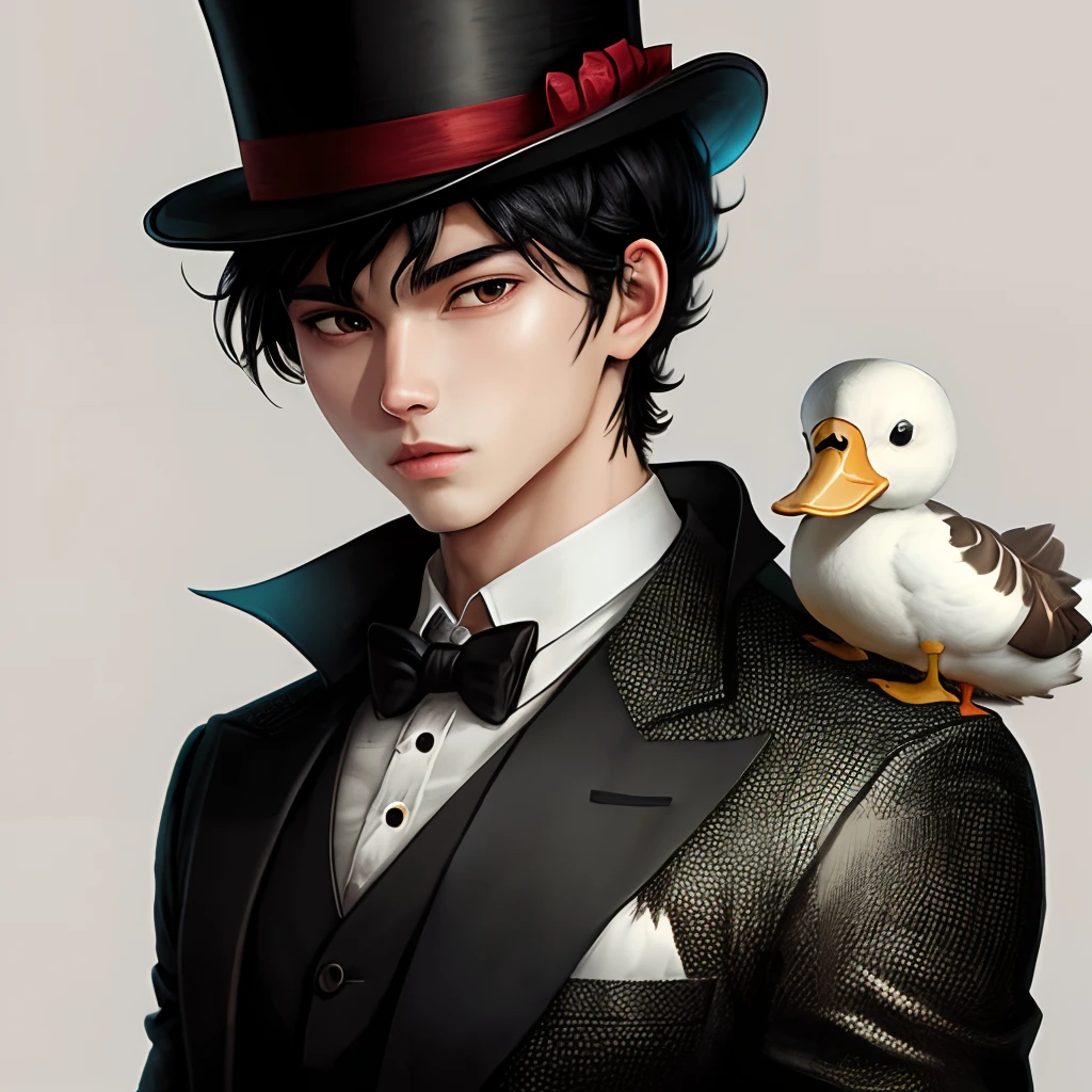 Anime boy With black hair and top hat wearing a duck  animal suit