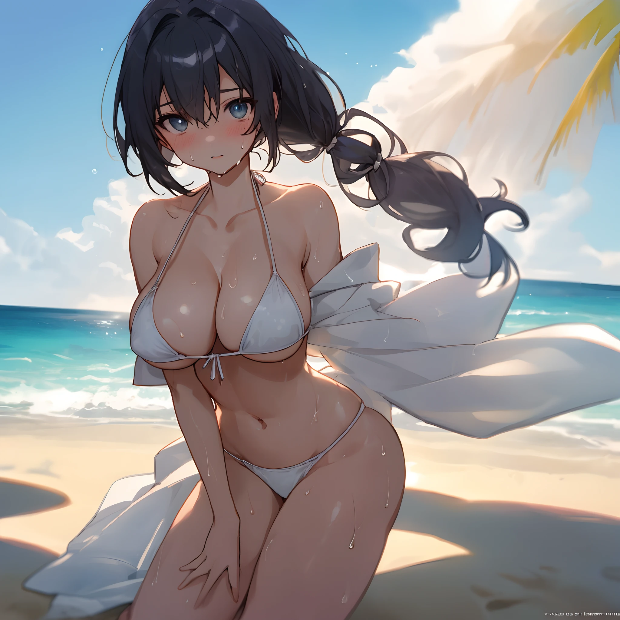 girl with、alone、large full breasts、Sharp body、Detailed eyes、poneyTail、White bikini、A slender、Smooth thighs、abdominals、white clothes、A detailed face、Delicate skin、delicate hair、Detailed hand、hightquality、realisitic、the beach、Dripping sweat、cleavage of the breast、high-level image quality、Wet and see-through、boldness