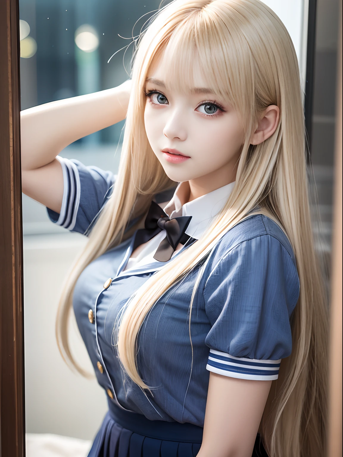portlate、School Uniforms、bright expression、Young shiny shiny white shiny skin、Best Looks、Blonde reflected light、Platinum blonde hair with dazzling highlights、shiny light hair,、Super long silky straight hair、Beautiful bangs that shine、Glowing crystal clear attractive big blue eyes、Very beautiful nice cute 16 year old girl、Lush bust、