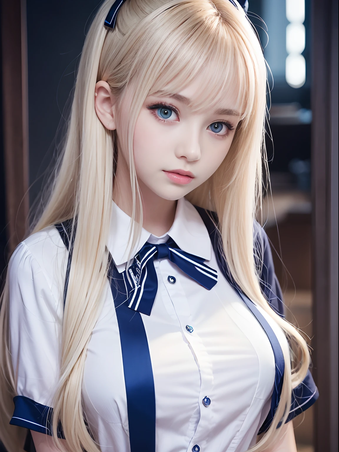 portlate、School Uniforms、bright expression、Young shiny shiny white shiny skin、Best Looks、Blonde reflected light、Platinum blonde hair with dazzling highlights、shiny light hair,、Super long silky straight hair、Beautiful bangs that shine、Glowing crystal clear attractive big blue eyes、Very beautiful nice cute girl、Lush bust、