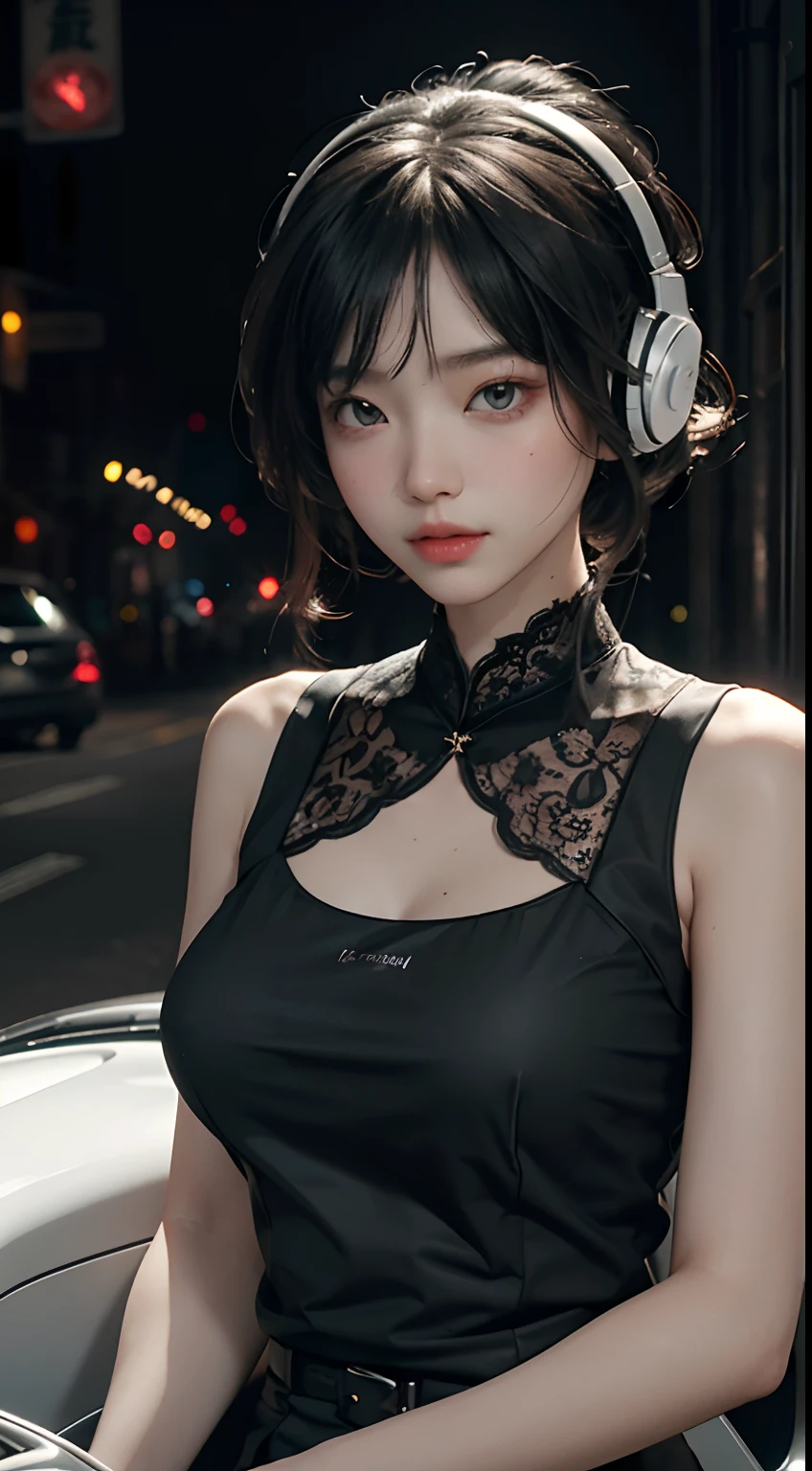 Highest image quality,Outstanding details,超高分辨率,(Fidelity:1.4),The best illustration,Favor the details,Highly cohesive,1girl,He has a delicate and beautiful face,Wearing a dark black lace top,huge tit:1.1,Wearing red headphones,Ride a silver-white-green gradient motorcycle,1girll,Colorful casual dress,The background is a high-tech lighting scene in the future city。