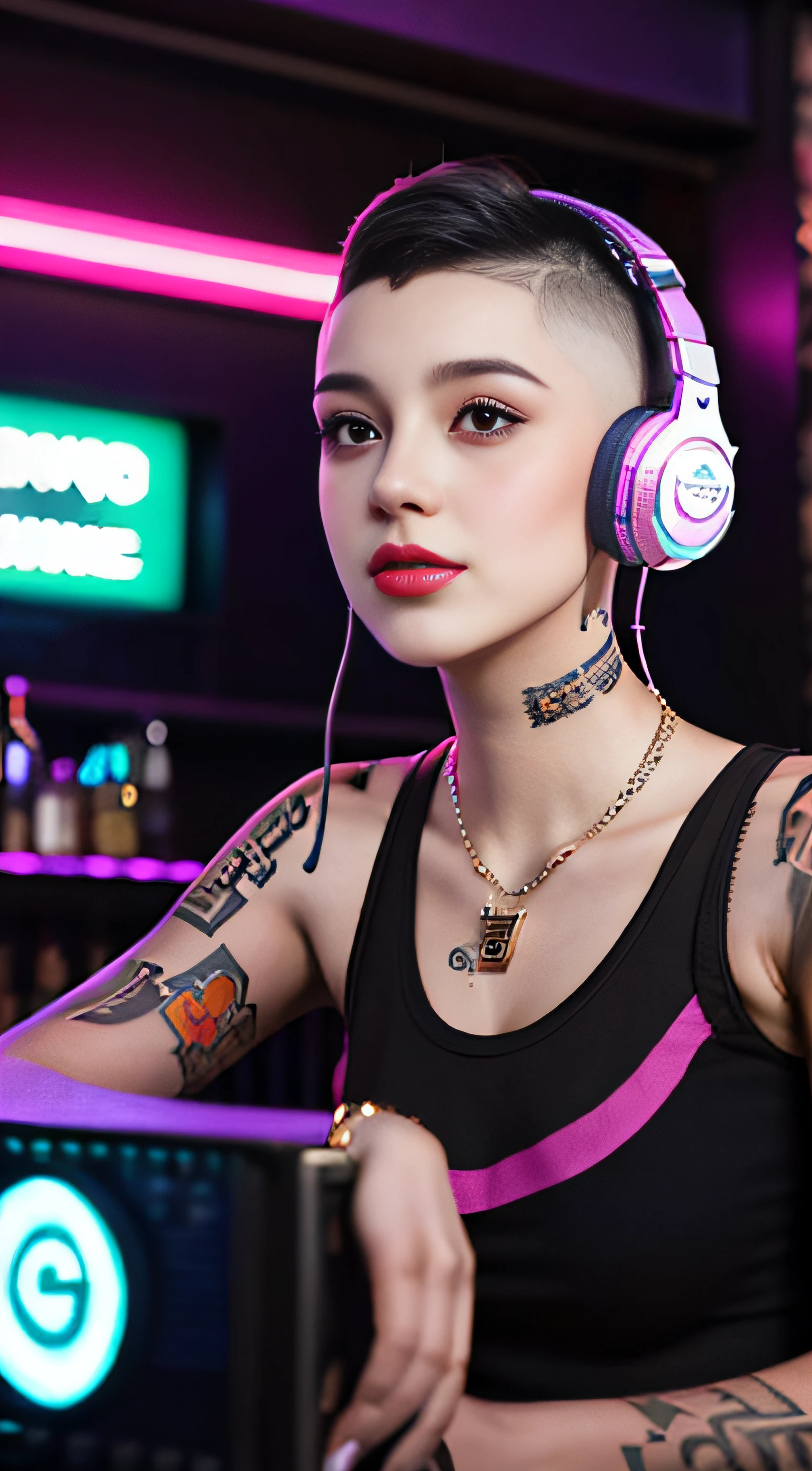 Best quality, Masterpiece, Ultra High resolution, native photo, Professional, photography, color photography, 1 girl, disco bar, girl with headphones, Djing in bar, upper body, female DJ, Looking at the crowd, DJ, DJ machine, DJ machine, Stage lights, (buzz cut:1.1), (Tattoo :1.1), Happy, dynamic, Gucci, Versace, cool, necklace, view