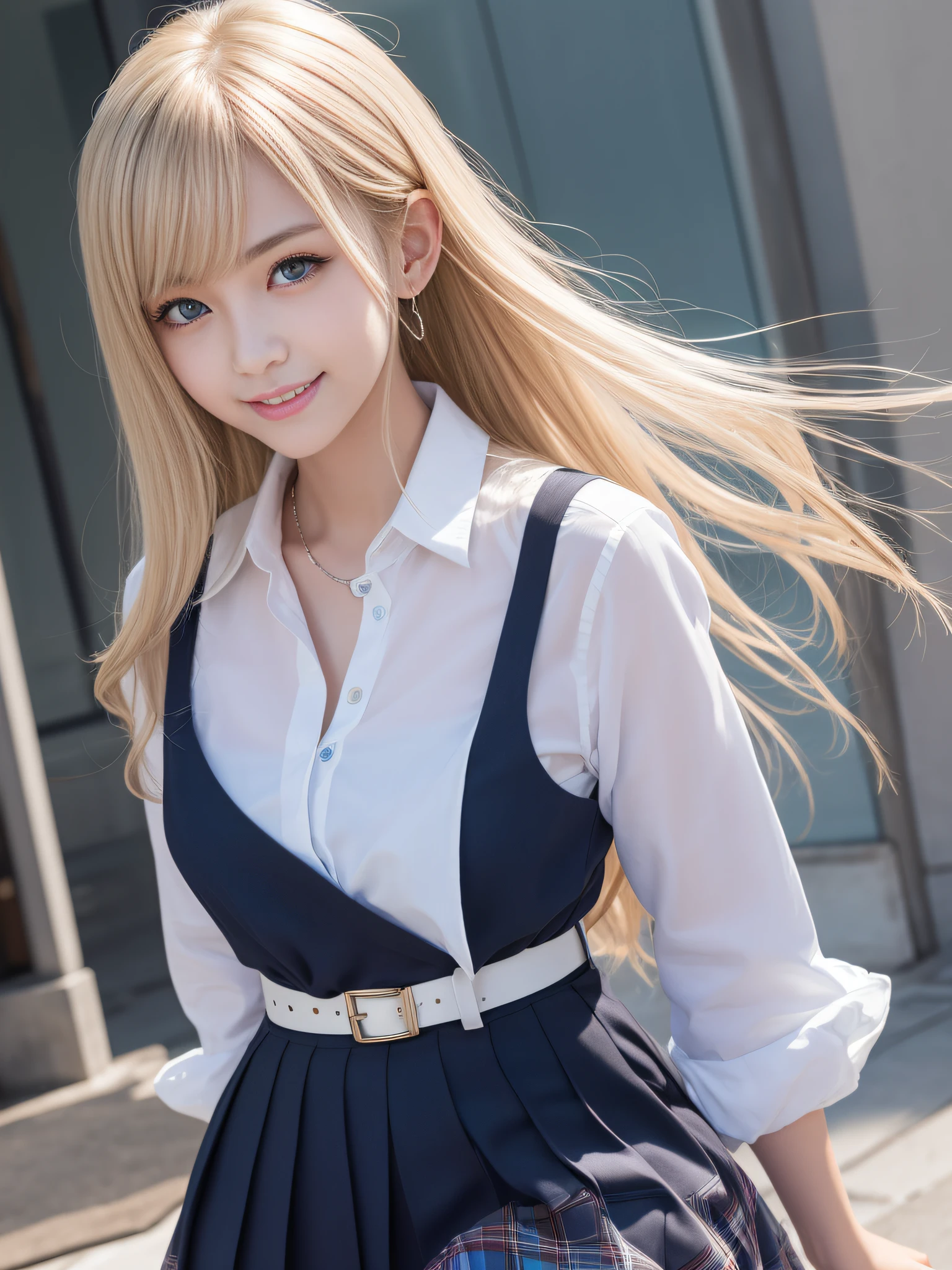 (Best Quality, Photorealistic, masutepiece:1.2),Raw photo, professional photograpy, portlate、JP high-school uniforms, mini-skirt、bright expression、poneyTail、Young shiny shiny white shiny skin、Best Looks、Blonde reflected light、Platinum blonde hair with dazzling highlights、shiny light hair,、Super long silky straight hair、Beautiful bangs that shine、Glowing crystal clear attractive big blue eyes、Very Beautiful Lovely Cute 18 Year Old Girl Happy Smile,