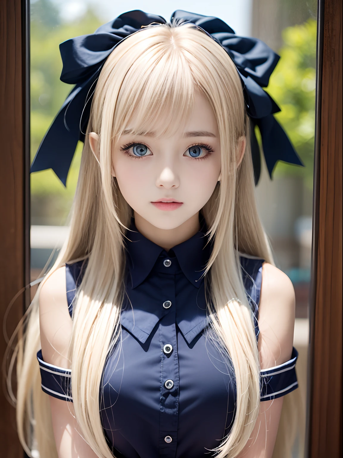 13yo girl、blonde hair with a pony tail、long bangs hanging on a beautiful face,、Very cute beautiful sexy young girl、Very perfect and beautiful cute face、Clear beautiful cute eyes、Beautiful pale blue eyes that shine、de pele branca、dazzling shiny skin、 petite, little, flat_chest, skinny,