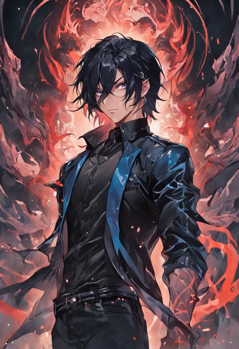 1guy, gorgeous dapper devil male with perfect balance of masculine and feminine features, stunning long black hair, black leather jacket, leather pants black and blue tetradic colors, perfect anatomy, seductive eyes, 8k resolution, (Single person), masterpiece, perfect face:1.2), intricate details, street detailed background, 32k, covered navel, full lips, curvy guy, cinematic lighting,