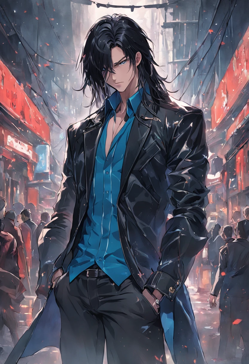 1guy, gorgeous dapper devil male with perfect balance of masculine and feminine features, stunning long black hair, black leather jacket, leather pants black and blue tetradic colors, perfect anatomy, seductive eyes, 8k resolution, (Single person), masterpiece, perfect face:1.2), intricate details, street detailed background, 32k, covered navel, full lips, curvy guy, cinematic lighting,