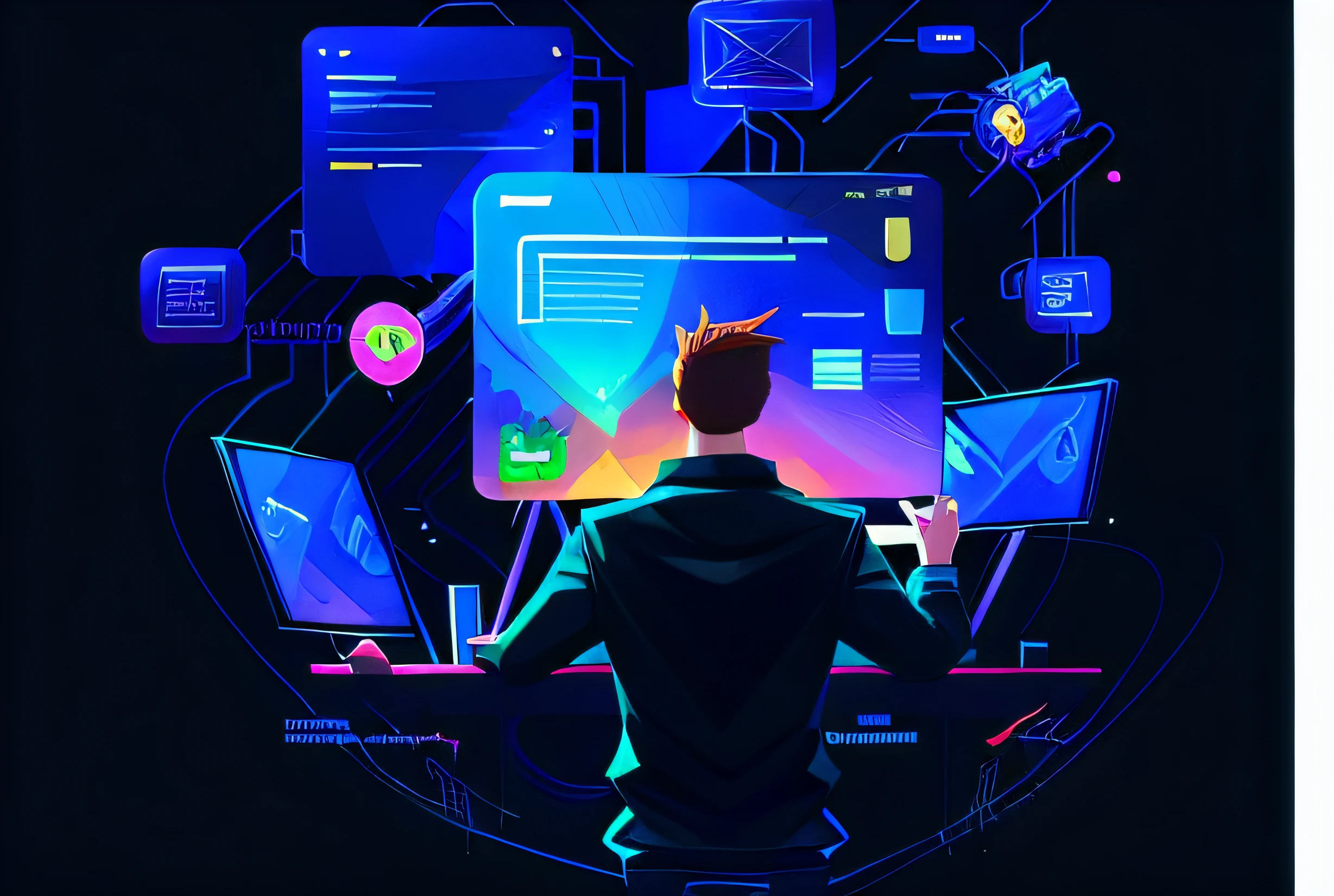 a man is holding a tablet with a screen showing a website page, digital concept art illustration, avatar for website, corporate animation style, digital artist, digital 2d illustration, digital 2d animation, metaverse concept art, 2 d illustration, cyber space, 2d illustration, animation illustrative style, a digital dreamscape, 2d digital vector art