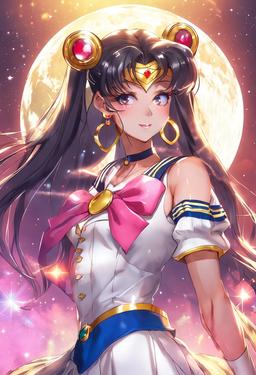 Sailor Moon, realistic, 1 girl, (magical girl:1.4), long dark brown hair, (golden opal eyes), (crystals, shimmering bokeh), (Gothic:1.4)stylish sailor-reconnaissance uniform, (big breasts:1.25), split, wide hips, small waist, Tan skin, clavicle, parted lips, draw up, blush, shiny skin, night, reflection, full moon, Moonlight, Rose