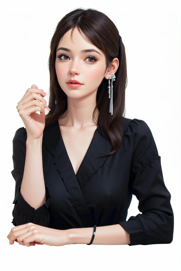 A close up of a woman wearing a black dress and earrings - SeaArt AI