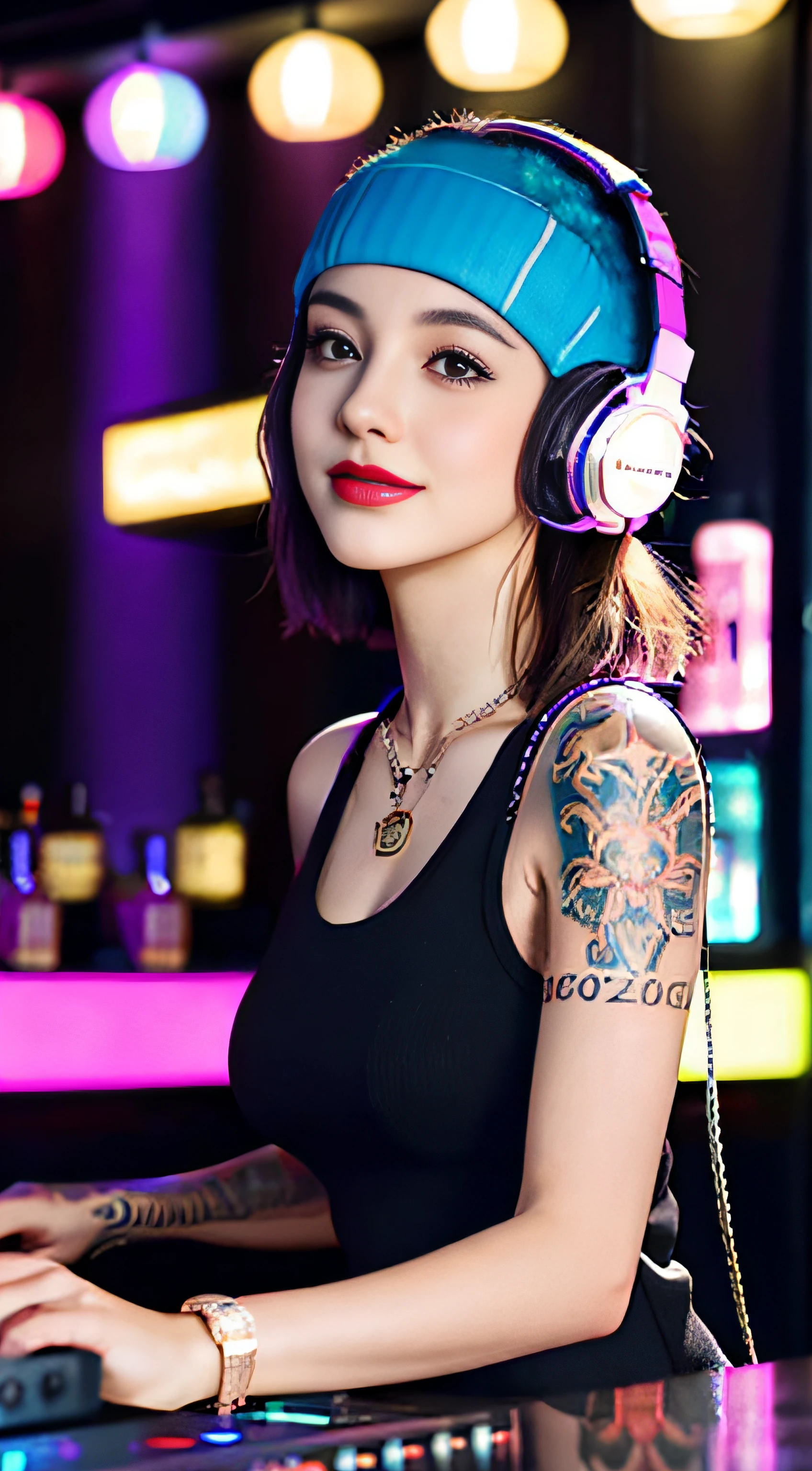 Best quality, Masterpiece, Ultra High resolution, native photo, Professional, photography, color photography, 1 girl, disco bar, girl with headphones, Djing in bar, upper body, female DJ, Looking at the crowd, DJ, DJ machine, DJ machine, Stage lights, (buzz cut:1.1), (Tattoo :1.1), Happy, dynamic, Gucci, Versace, cool, necklace, view