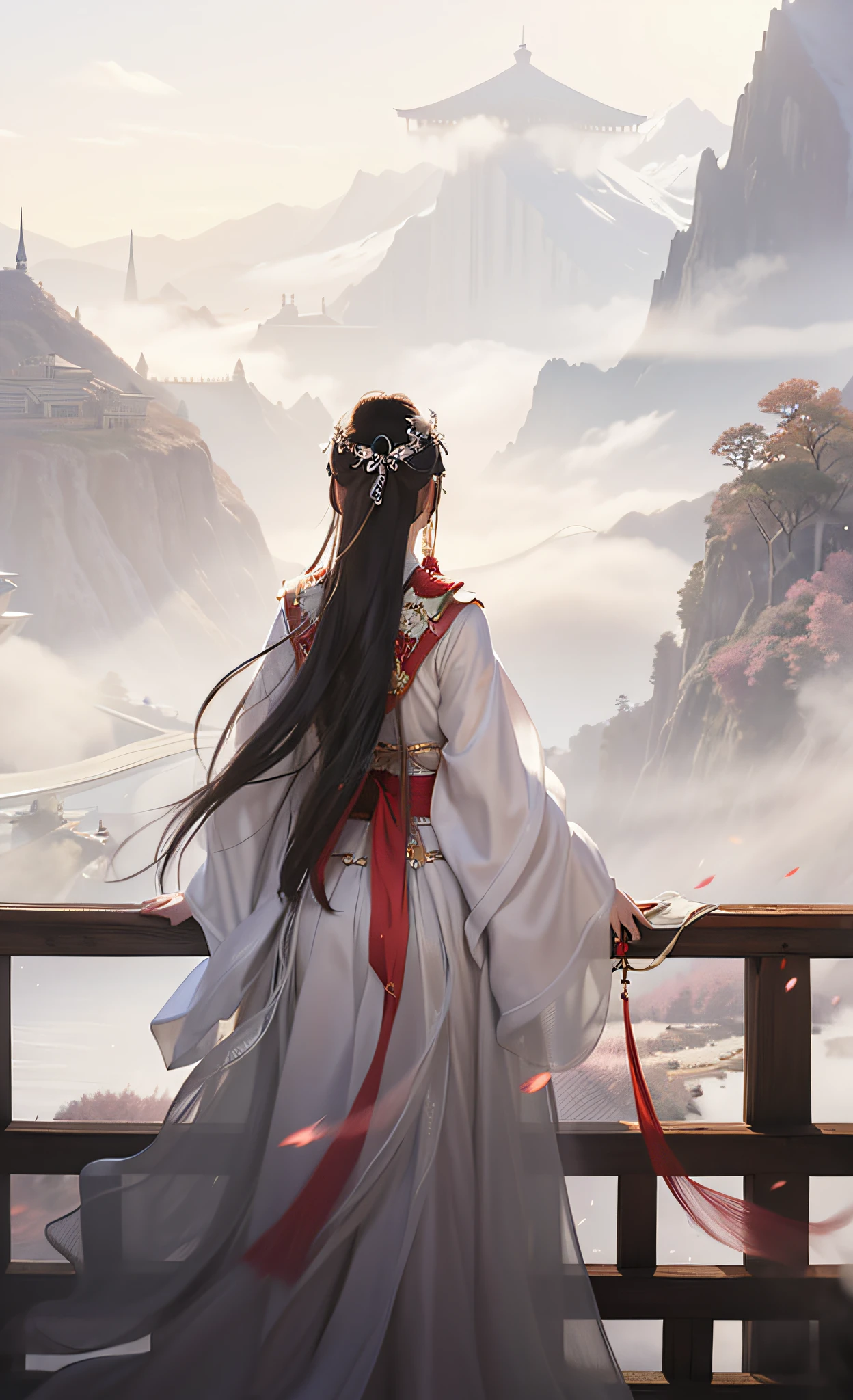 Anime girl in white dress looking out over the mountains, Palace , A girl in Hanfu, flowing hair and long robes, by Yang J, Beautiful character painting, ross tran. scenery background, flowing white robe, Chinese fantasy, Alice X. zhang, Fantasy art style, White Hanfu, Guviz-style artwork